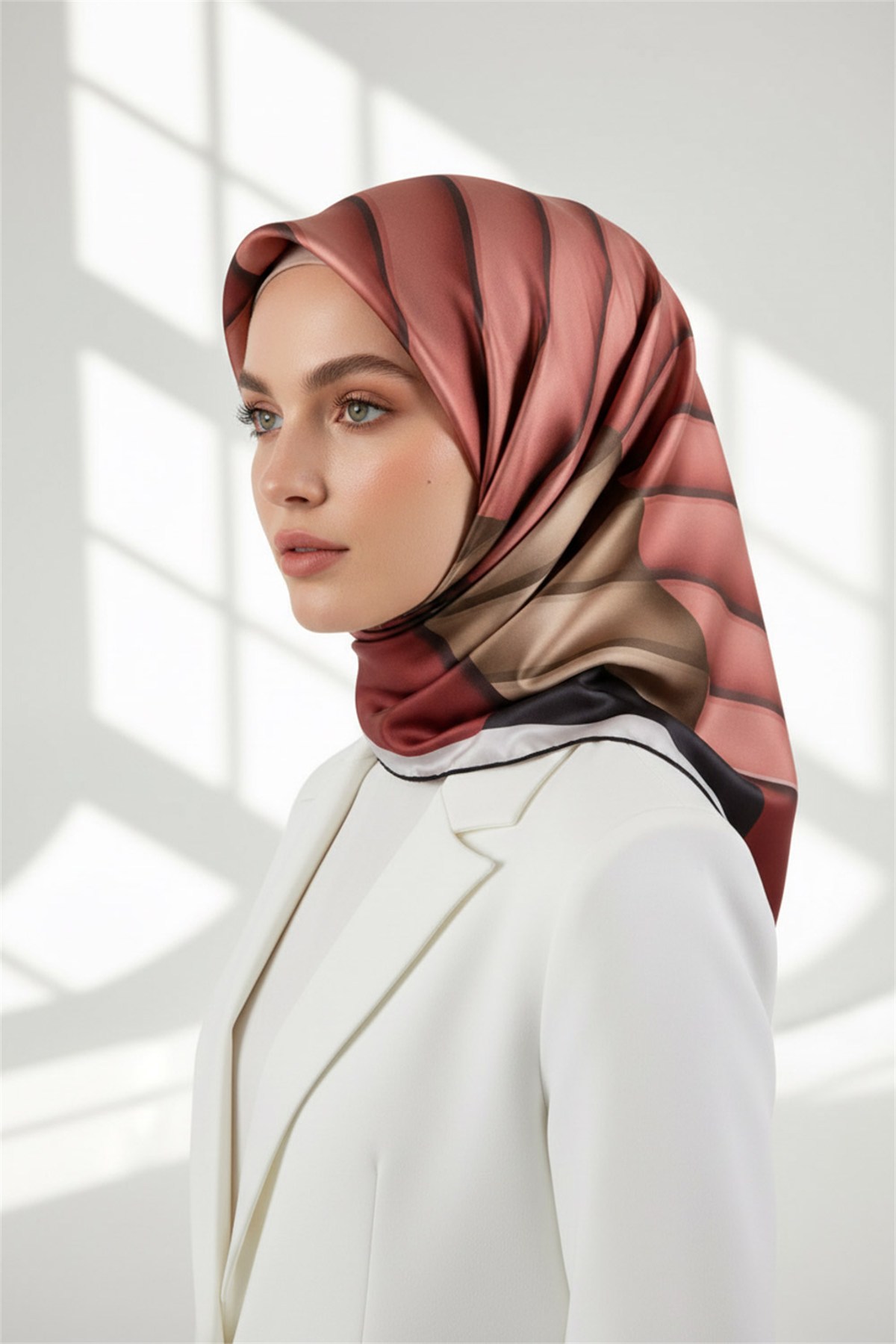 Rayon Zikzak Çizgi Desenli Gül Kurusu Renkli 90x90 Eşarp (İpek İçermez) Dikim Şekli : El Dikişi