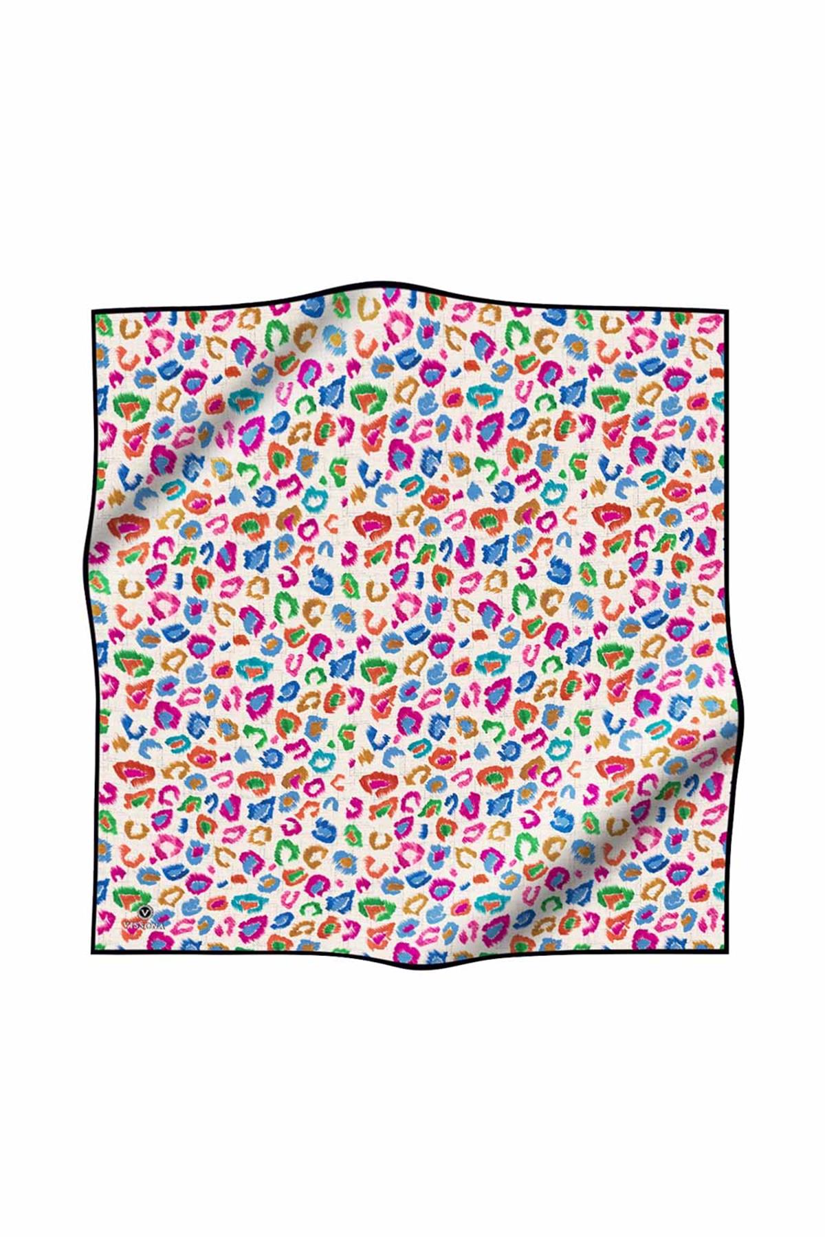 %100 Twill İpek Renkli Leopari Desenli Turuncu - Saks Renkli 90x90 Eşarp Kenar Dikiş Şekli El Dikişli