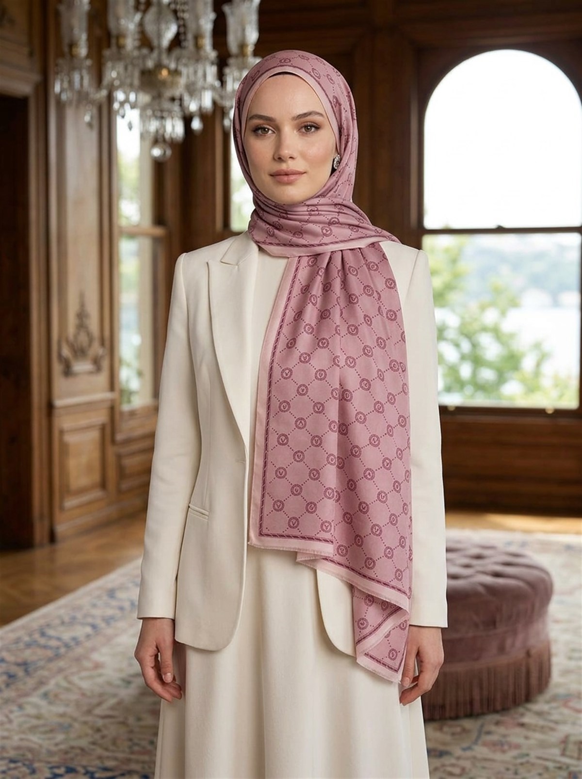 %100 Saf İpek Şal İnce Saten Vual Dokuma V Logo Desenli Gül Kurusu Renkli 90x210 Şal