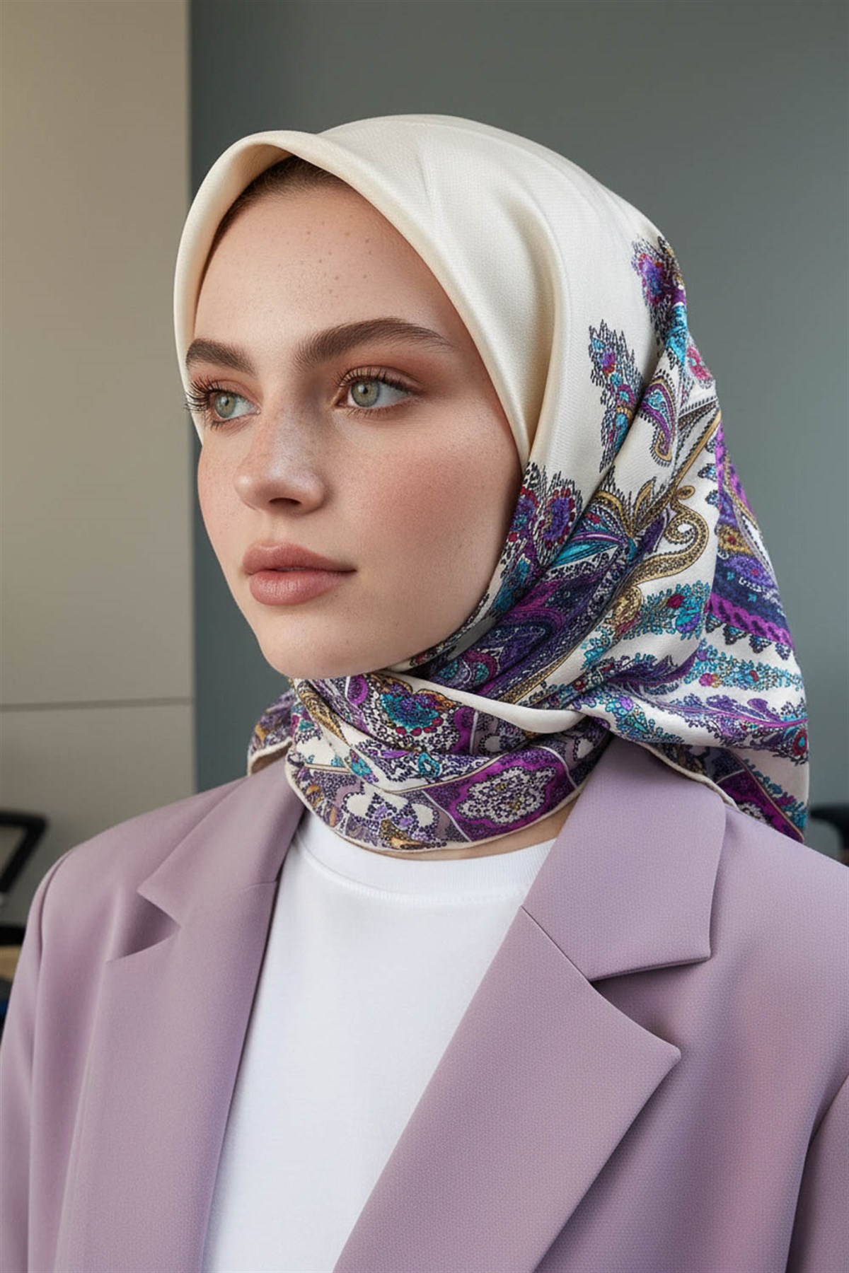 100% Twill İpek Etnik Desenli Krem - Fuşya Renkli 90x90 Dikim Şekli : El Dikişi Eşarp