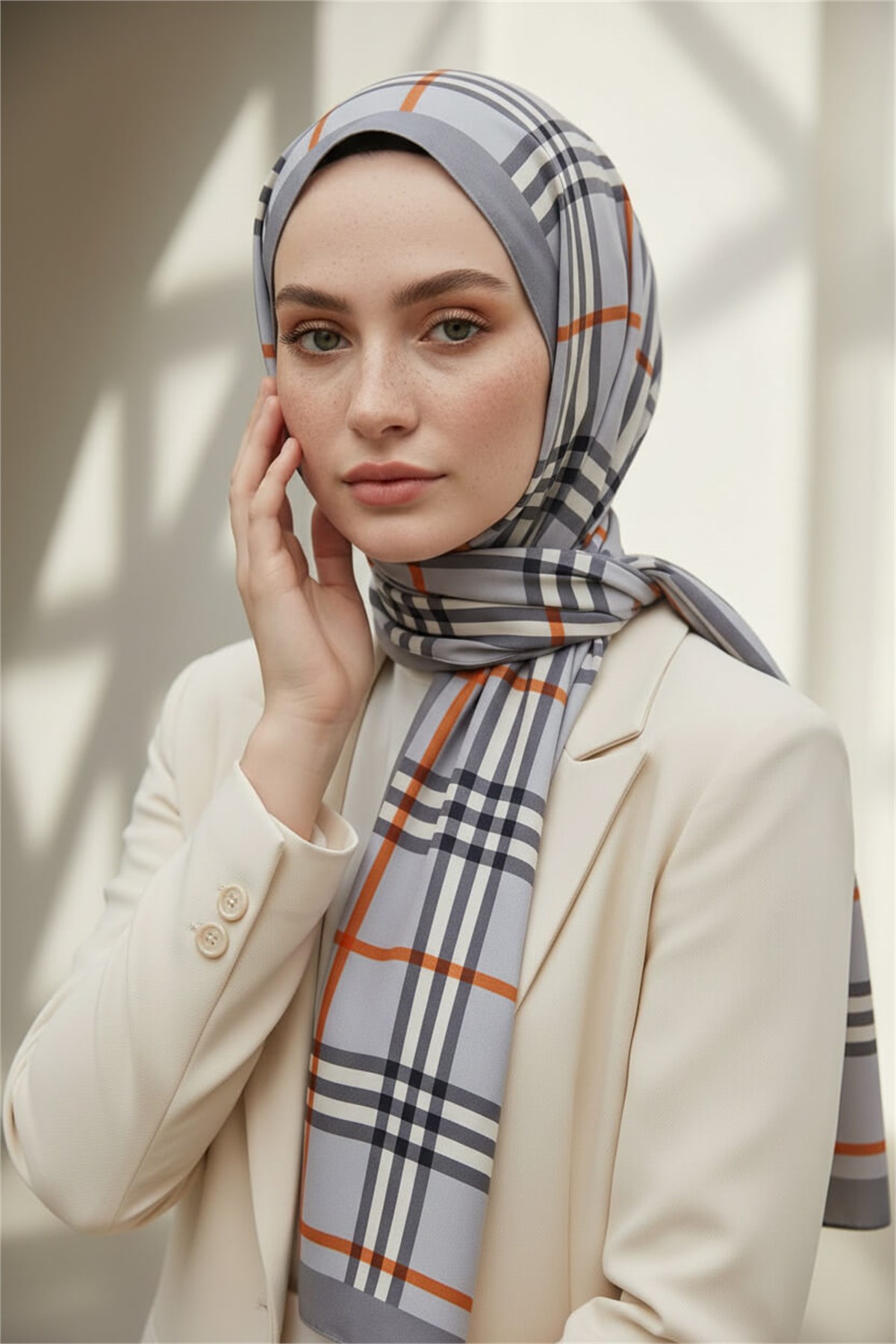 Krep Şal 75x195 Gri Ekose Desenli Kırışmaz Kadın Şal
