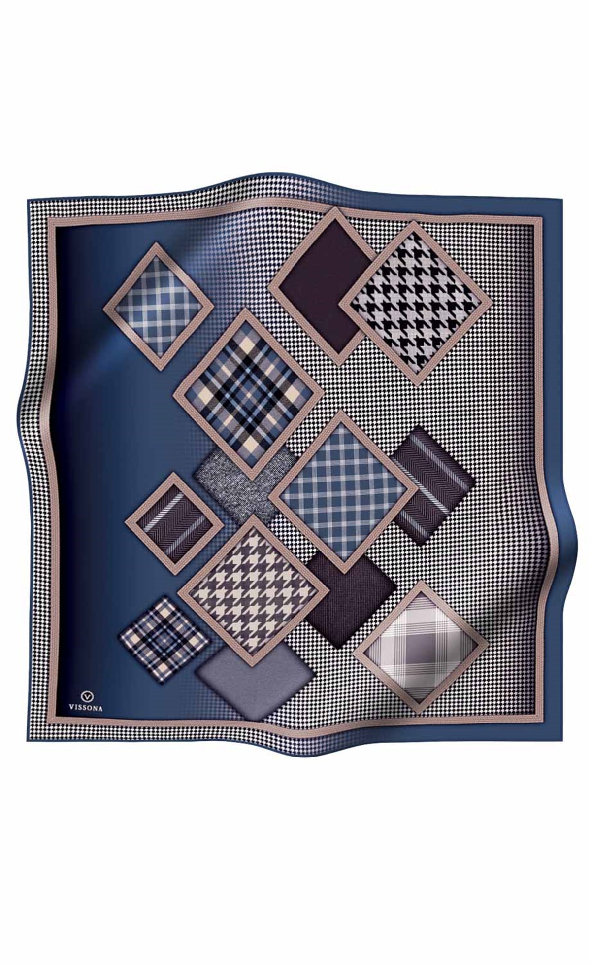 %100 Twill İpek Kazakayaklı Ve Ekose Desenli İndigo - Krem Renkli 90x90 Eşarp Dikim Şekli : El Dikişi