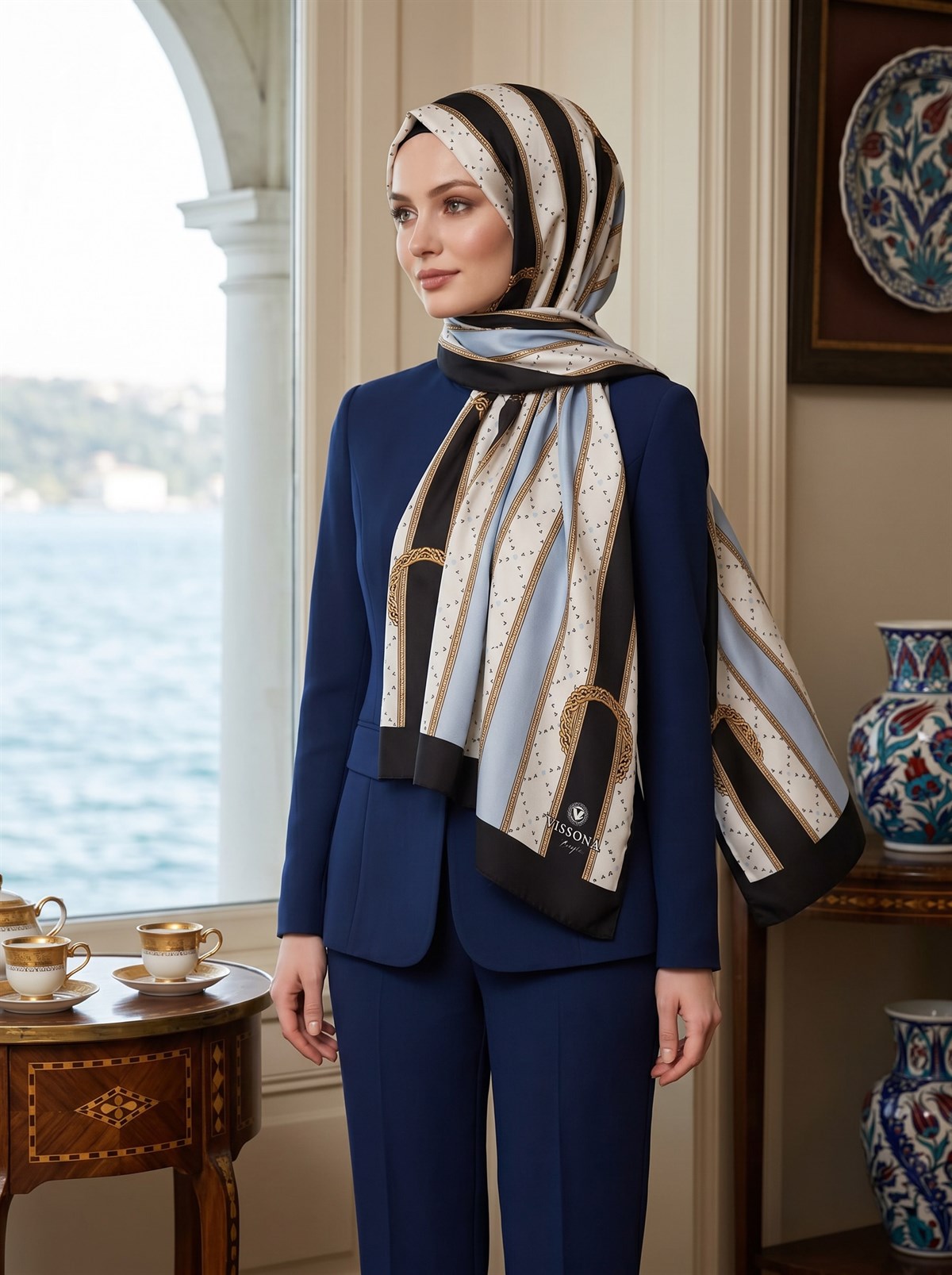 %100 Saf İpek Şal İnce Saten Vual Dokuma Kemer Desenli Buz Mavisi - Siyah Renkli 90x210 Şal