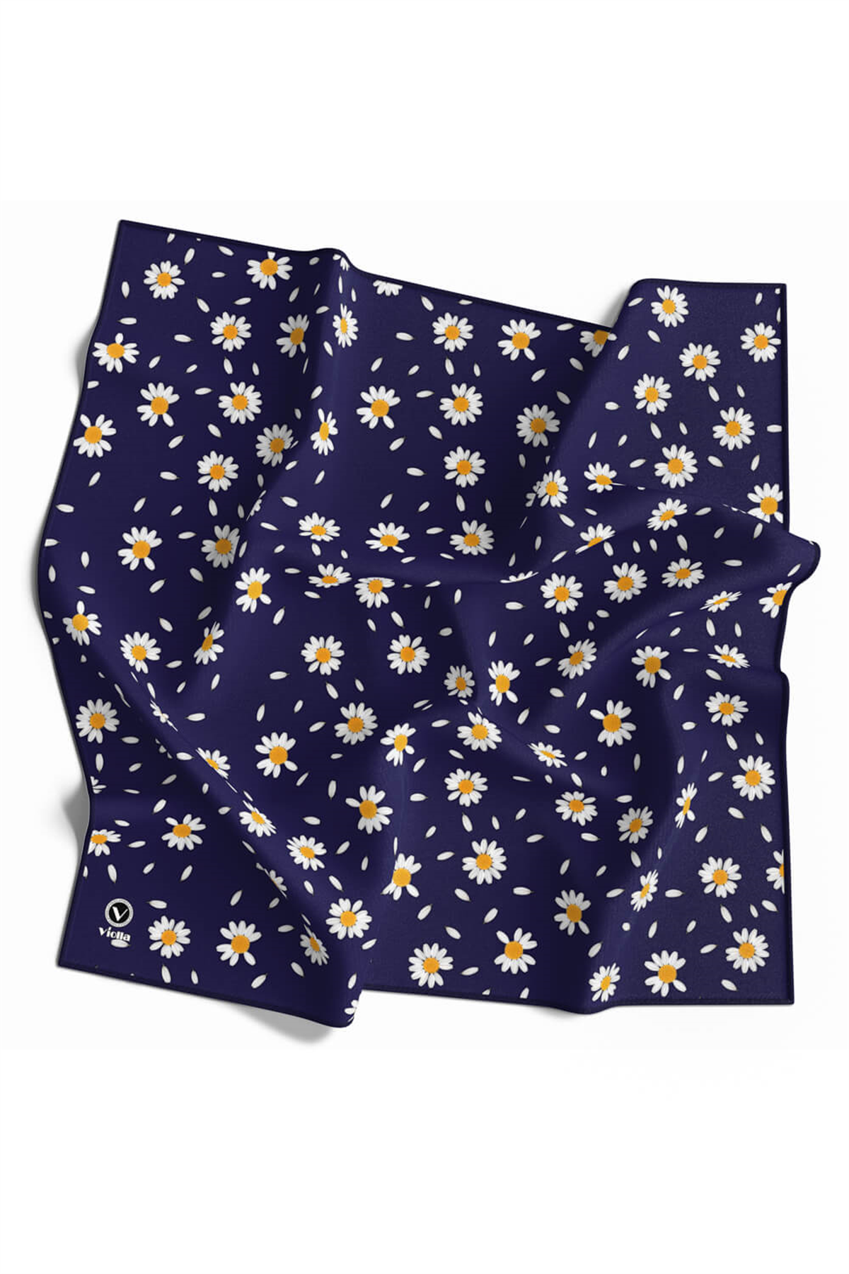 Twill Papatya Desenli Lacivert Renkli 90x90 Eşarp (İpek İçermez) Kenar Dikiş Şekli El Dikişli