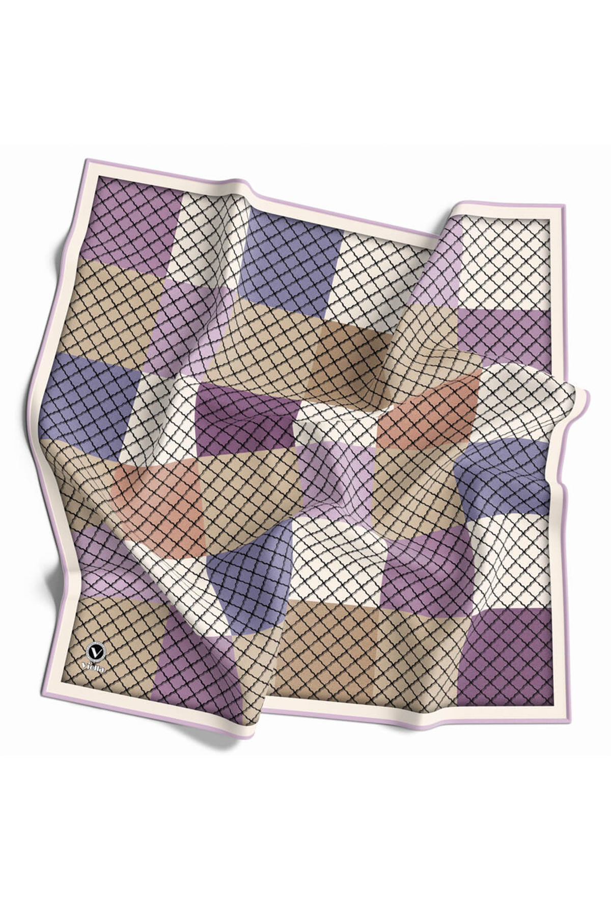 Twill Kare Desenli Lila Renkli 90x90 Eşarp (İpek İçermez) Kenar Dikiş Şekli El Dikişli