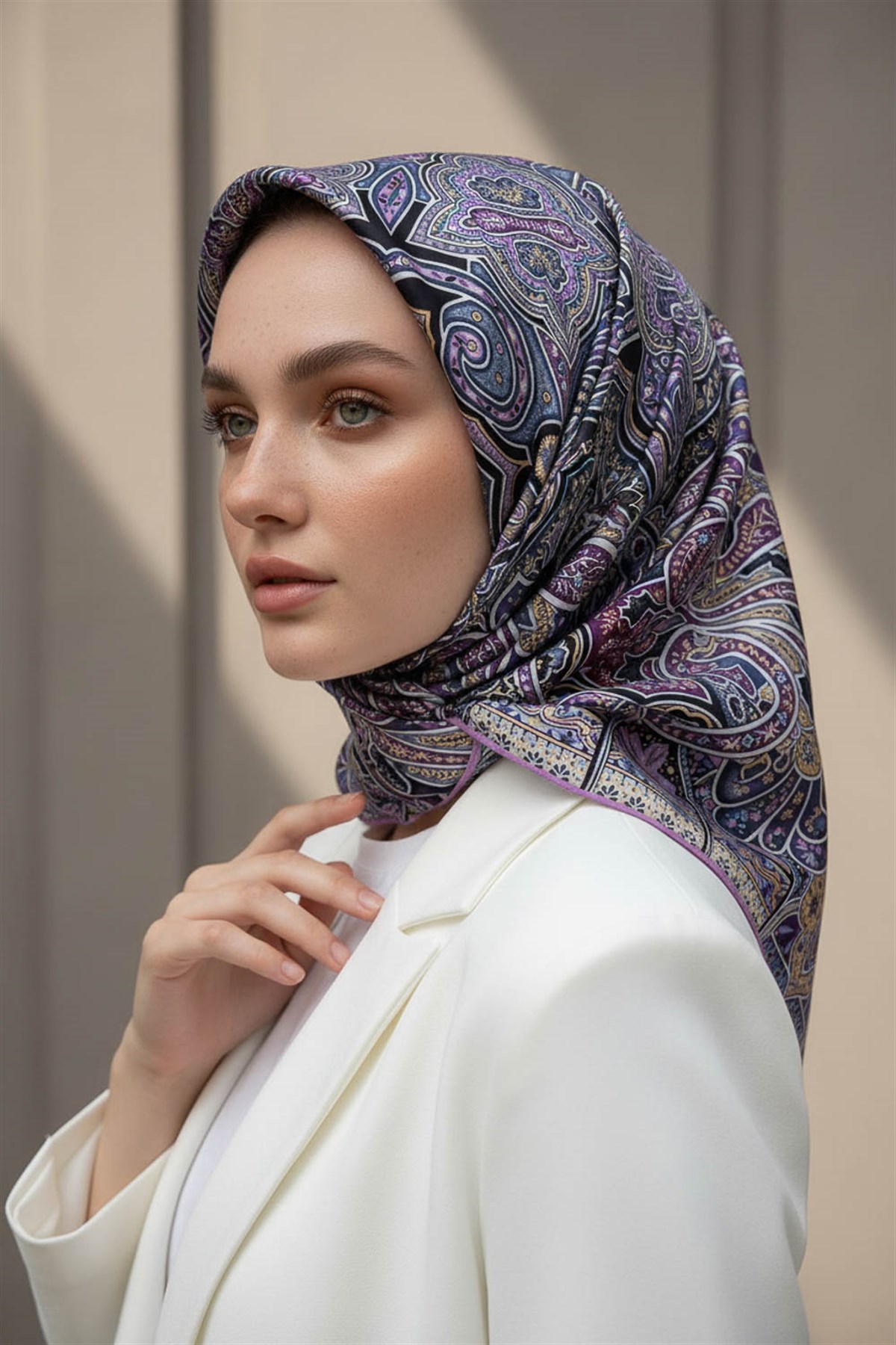 100% Twill İpek Etnik Desenli Lila Renkli 90x90 Dikim Şekli : El Dikişi Eşarp