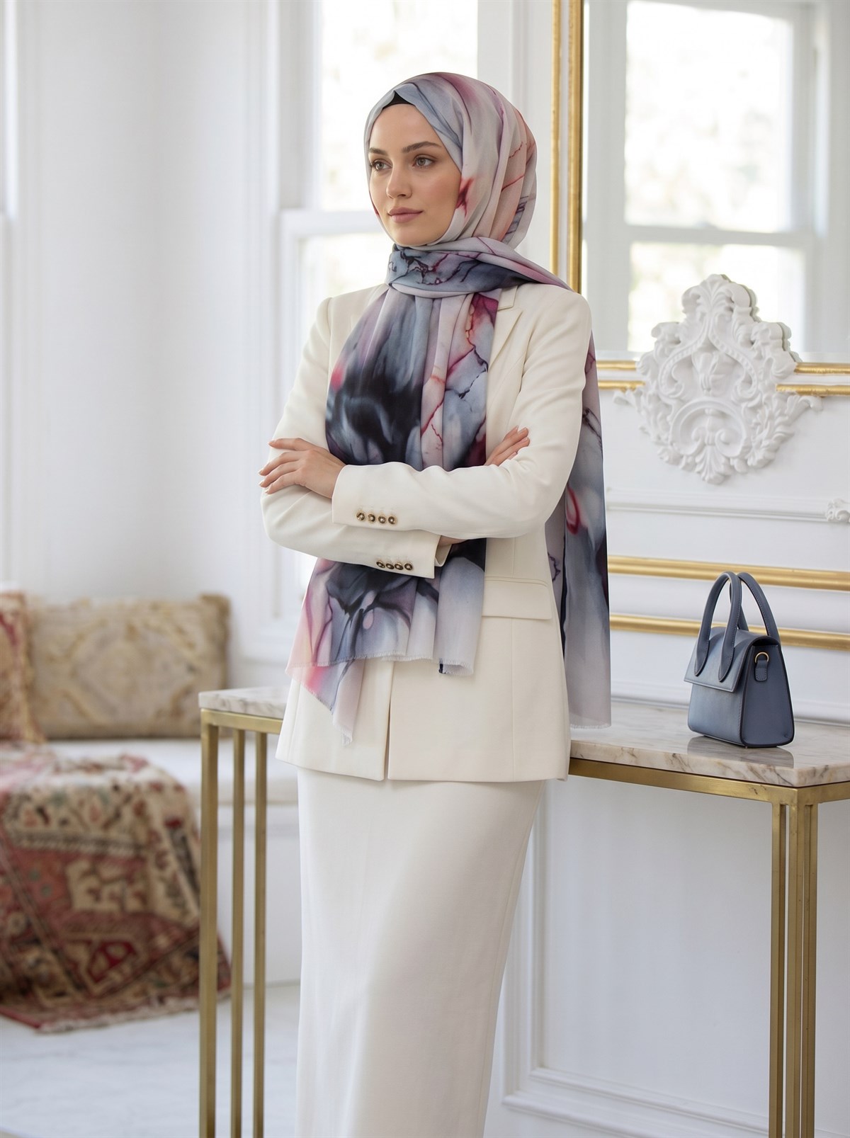 %100 Saf İpek Şal İnce Saten Vual Dokuma Büyük Çiçek Desenli 90x210 Şal