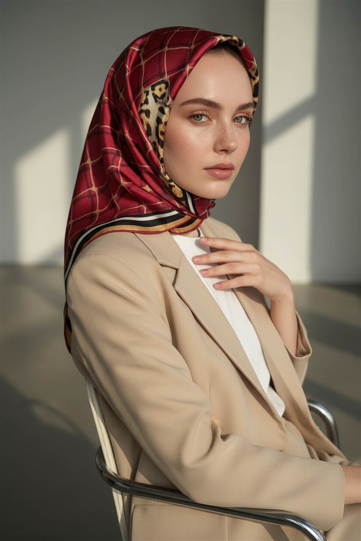 %100 Twill İpek Leopar Desenli Bordo Renkli 90x90 Eşarp Dikim Şekli : El Dikişi