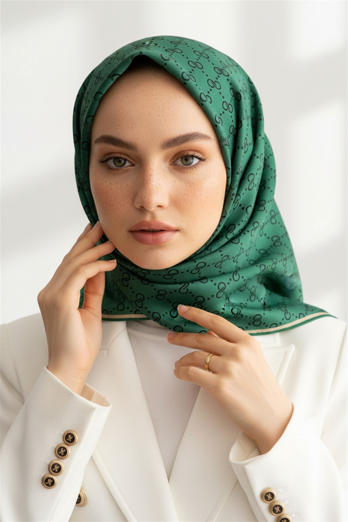 %100 Twill İpek Geometrik Desenli Zümrüt Yeşili Renkli 90x90 Eşarp Dikim Şekli : El Dikişi