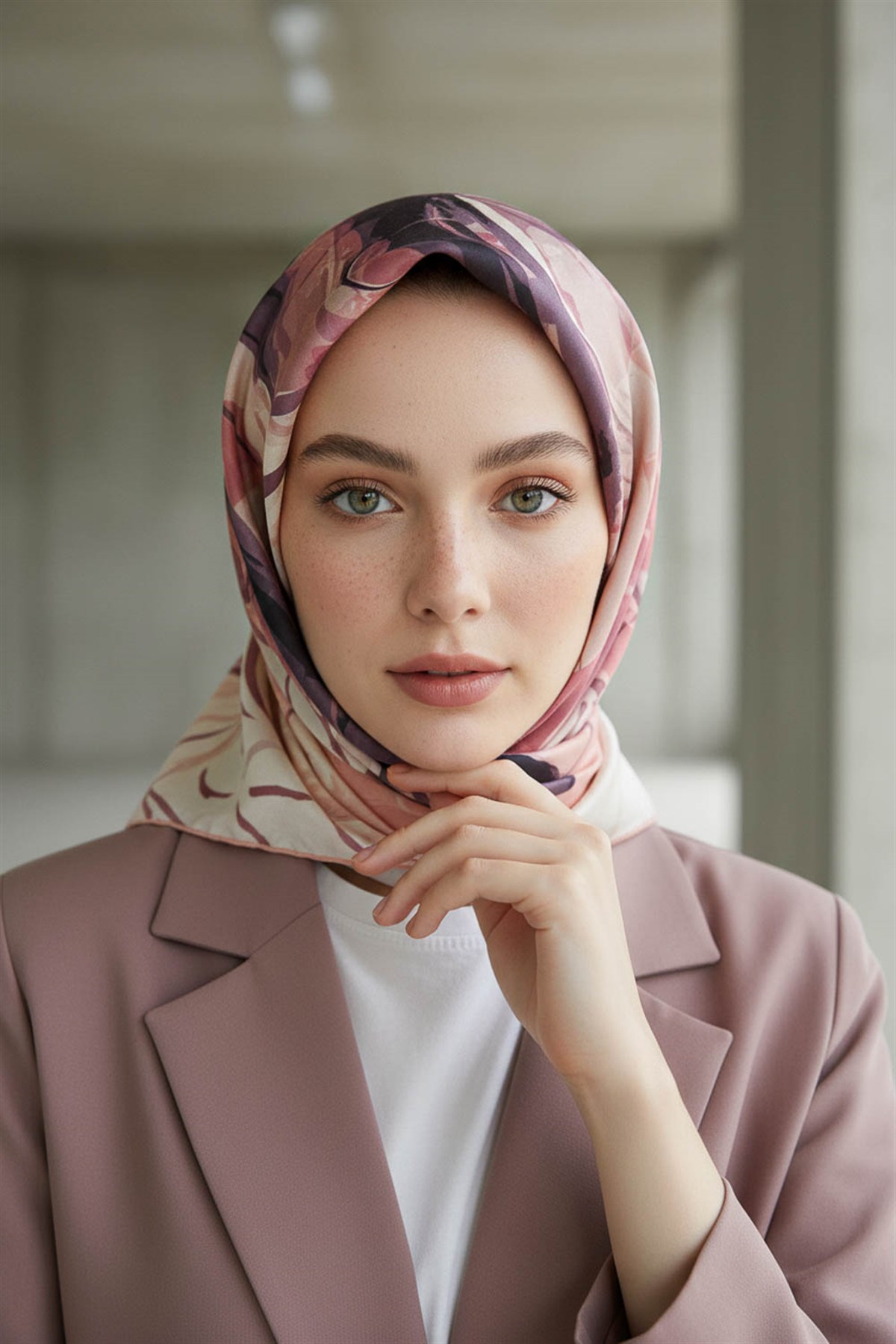 %100 Twill İpek Çiçekli Sulu Boya Dalga Desenli Pudra - Gül Kurusu Renkli 90x90 Eşarp Dikim Şekli : El Dikişi