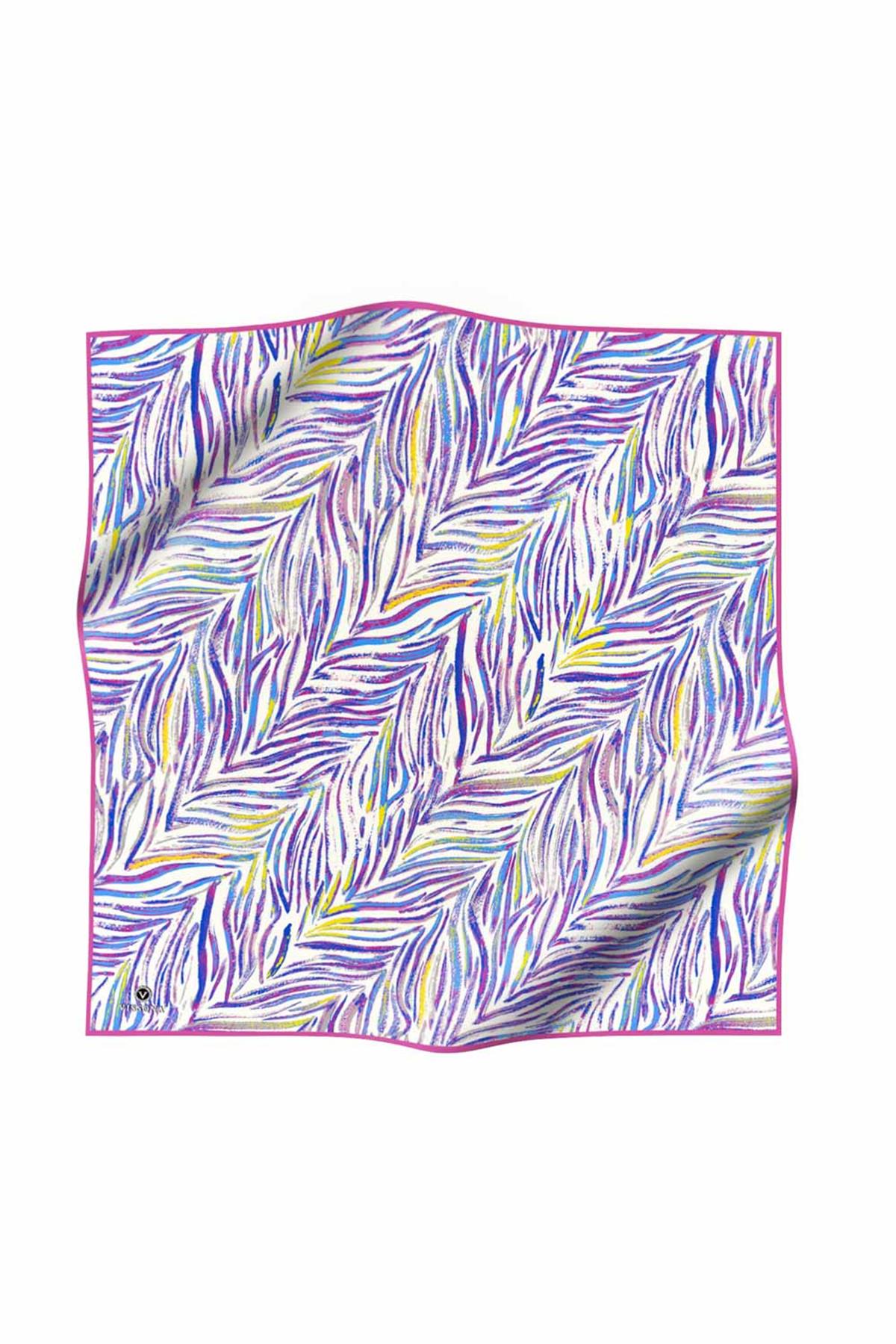 %100 Twill İpek Yaprak Desenli Pembe - Saks Renkli 90x90 Eşarp Dikim Şekli : El Dikişi