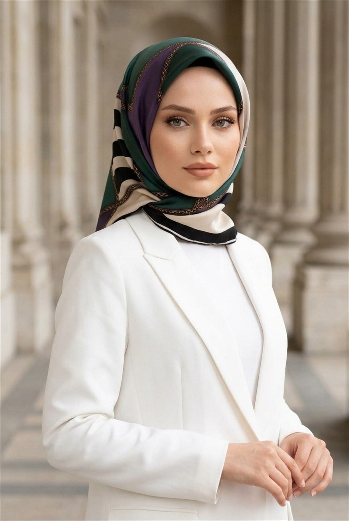 %100 Twill İpek Geometrik Desenli Lila - Petrol Yeşili Renkli 90x90 Eşarp Dikim Şekli : El Dikişi