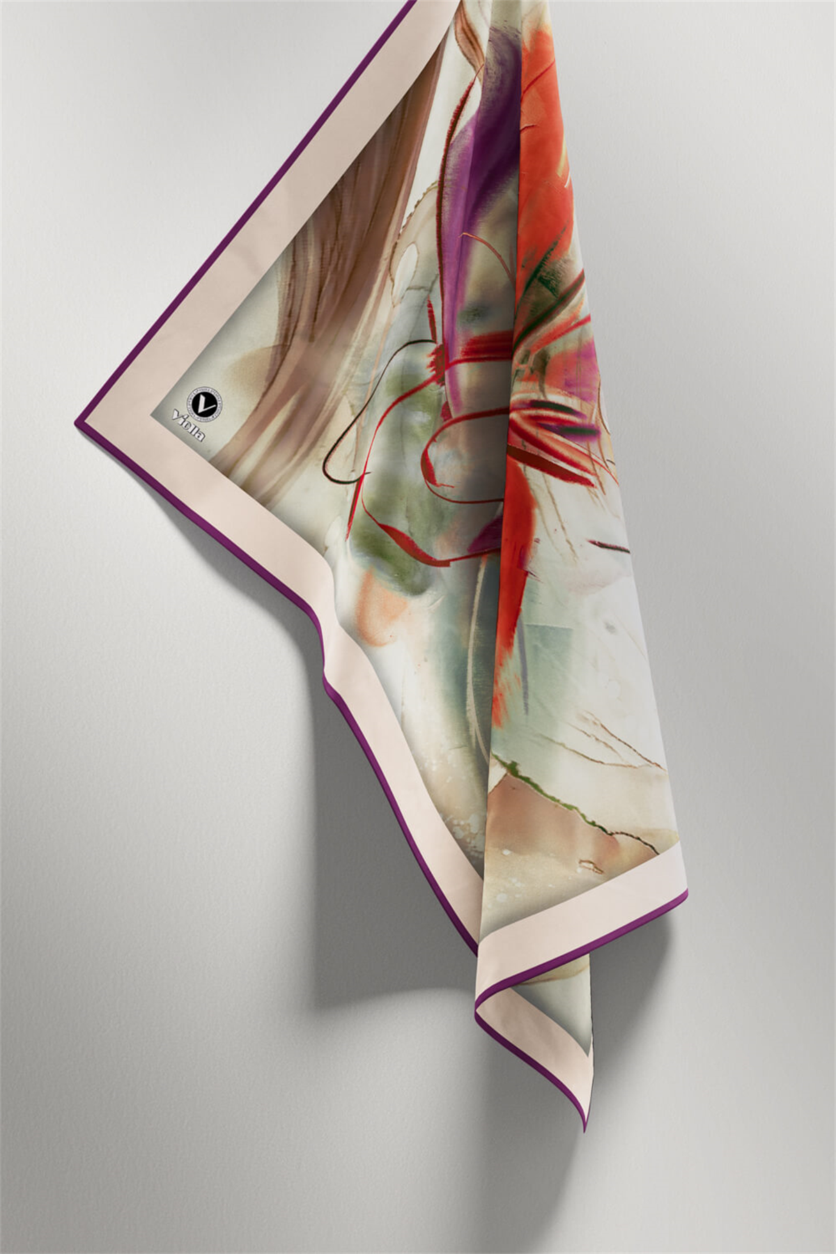 Twill Çiçek Tablo Desenli Mürdüm Renkli 90x90 Eşarp (İpek İçermez) Kenar Dikiş Şekli El Dikişli