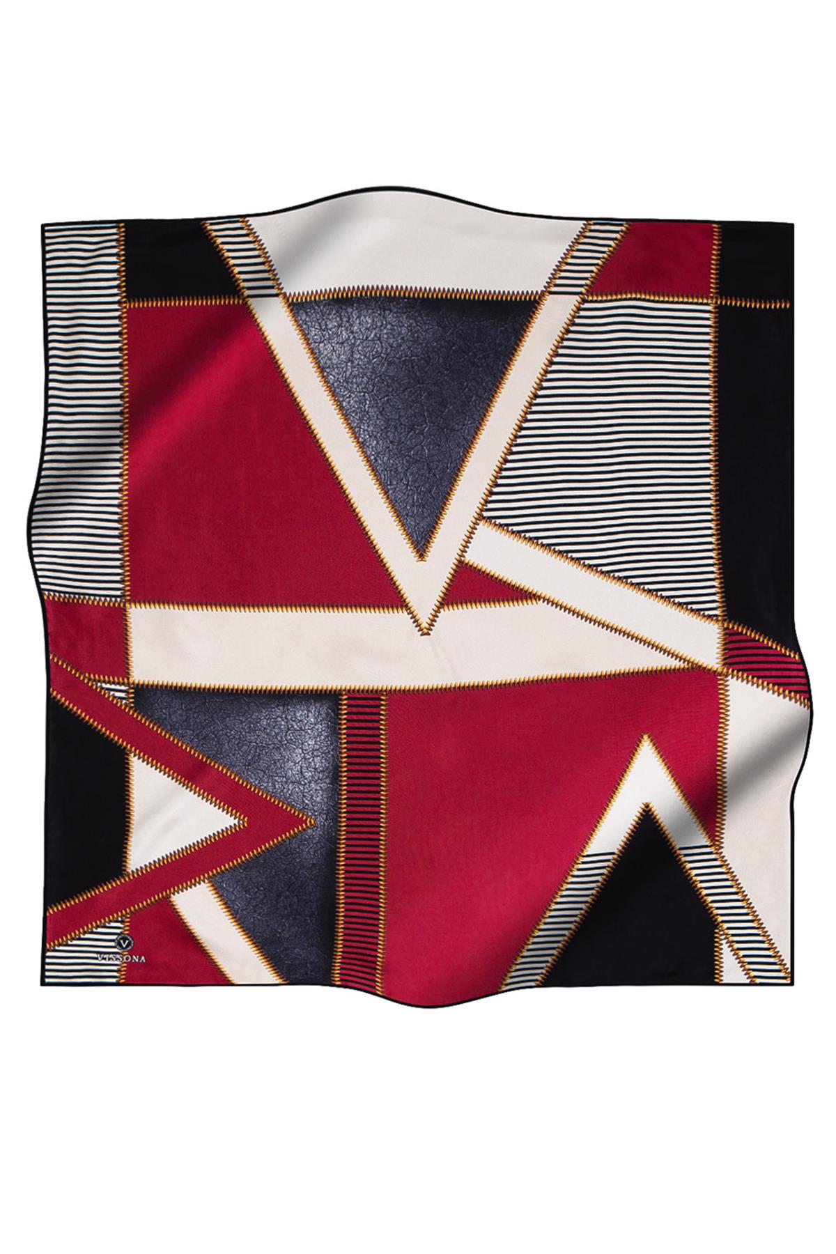 %100 Twill İpek Geometrik Desenli Bordo - Siyah Renkli 90x90 Eşarp Dikim Şekli : El Dikişi