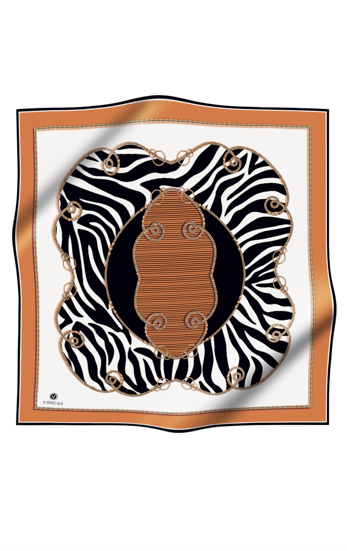 %100 Twill İpek Zincirli Ve Zebra Desenli Bakır - Siyah Renkli 90x90 Eşarp Dikim Şekli : El Dikişi