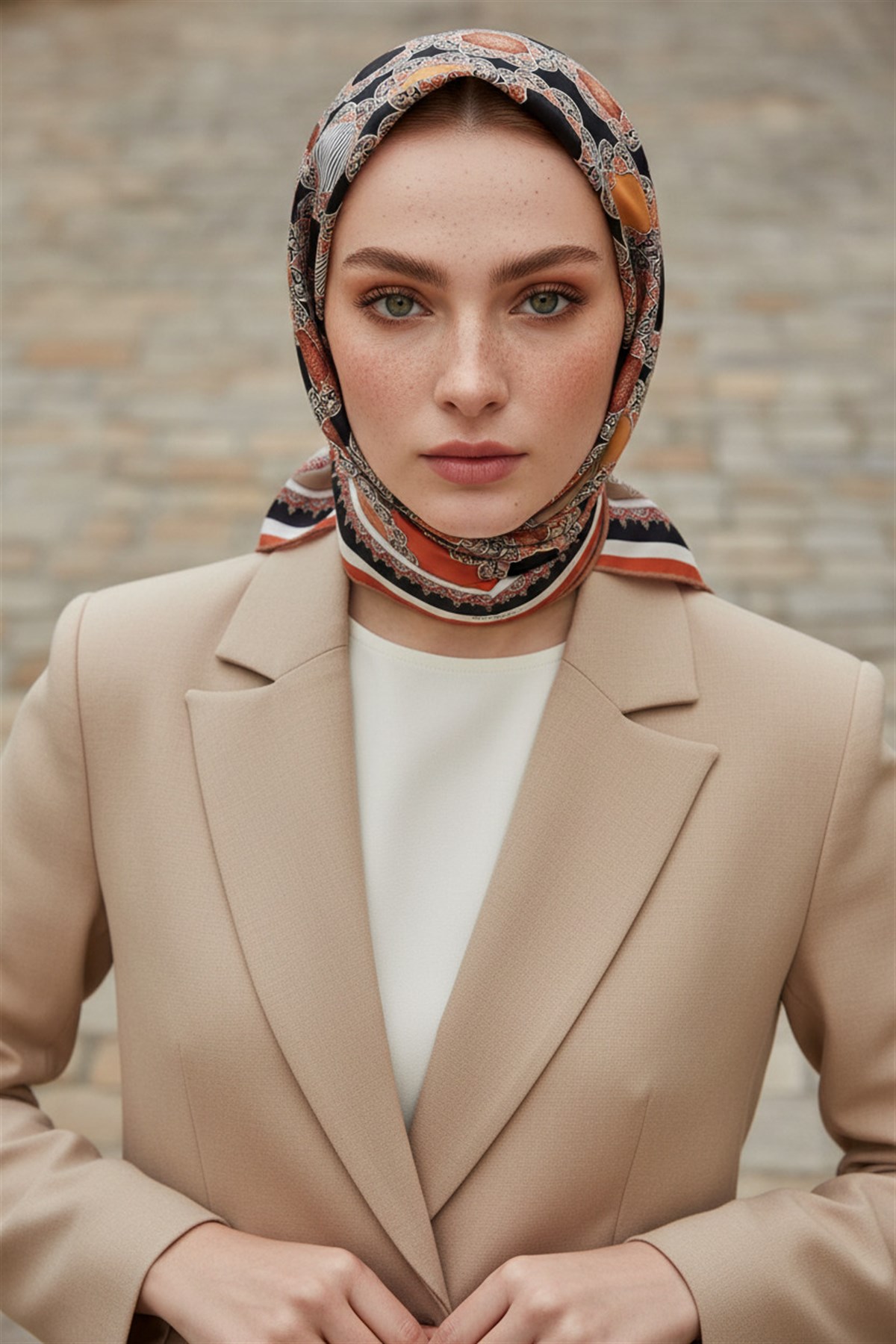 %100 Twill Türk Motifi  Desenli Bej - Taba Renkli 90x90 Eşarp Dikim Şekli: El Dikişi
