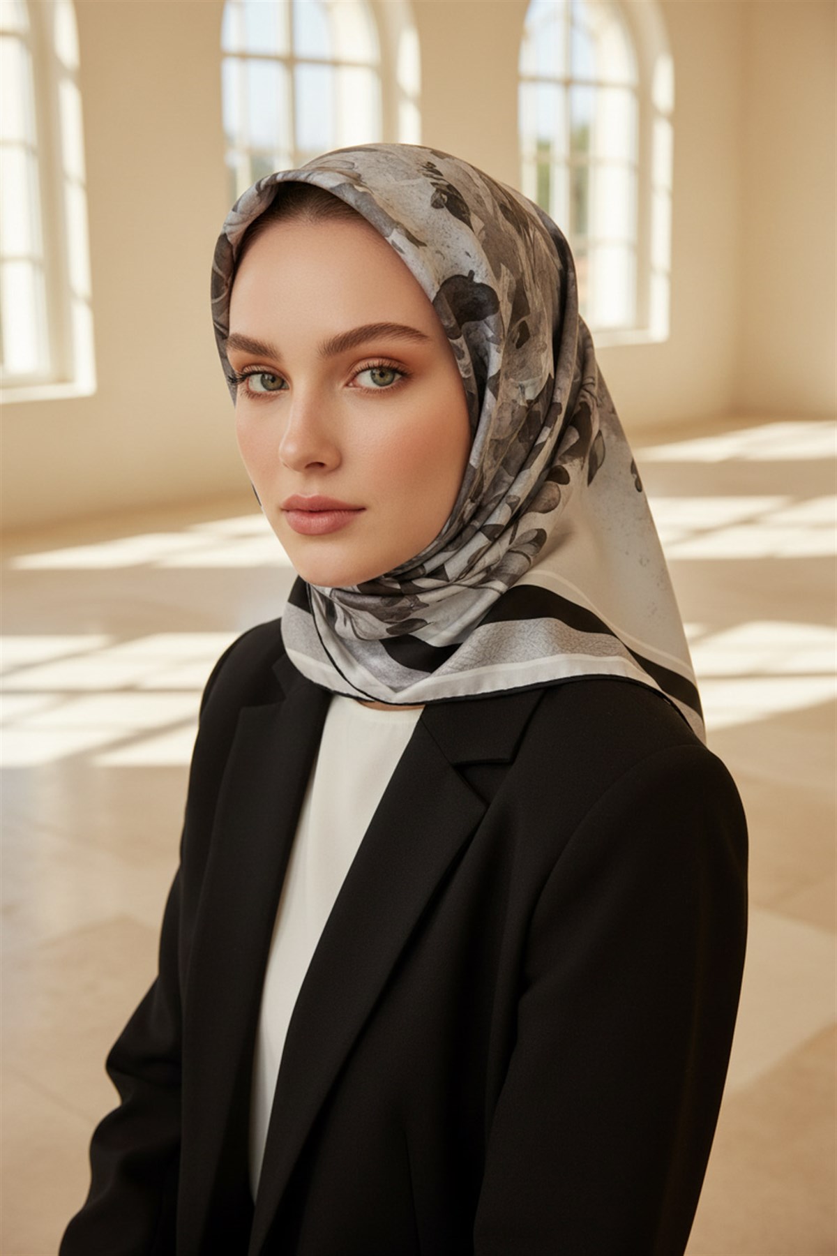 %100 Twill İpek Bahar Çiçekleri Desenli Siyah - Beyaz Renkli 90x90 Eşarp Dikim Şekli : El Dikişi