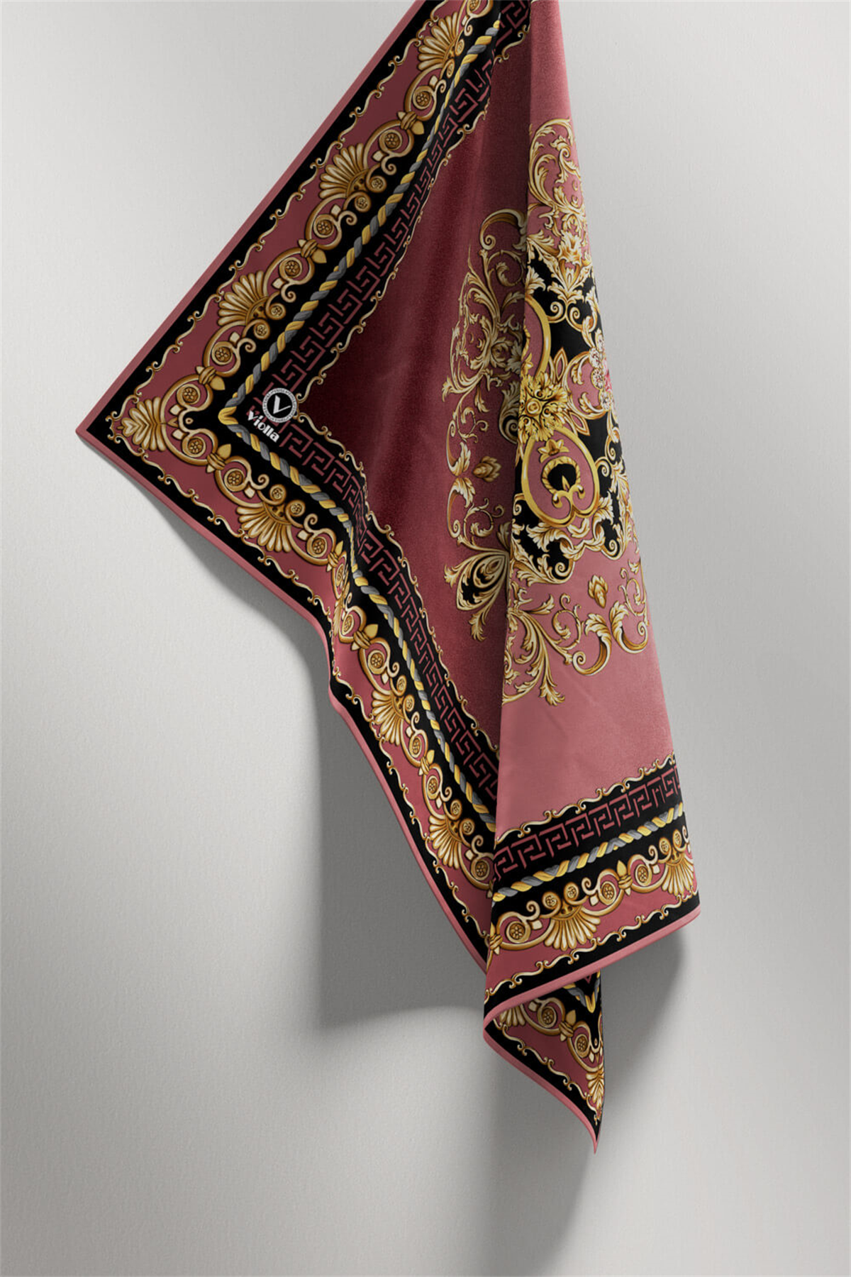 Twill Barok Desenli Gül Kurusu Renkli 90x90 Eşarp (İpek İçermez) Dikim Şekli : El Dikişi