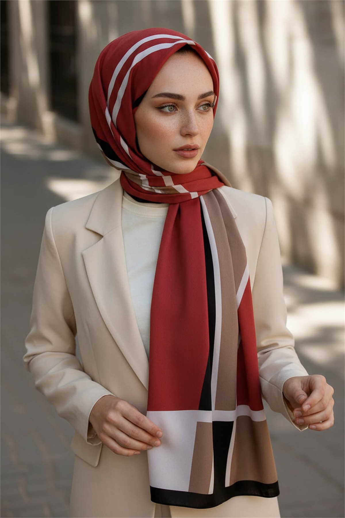 KREP GEOMETRIK DESENLİ BORDO RENKLİ 75X195 KIRIŞMAZ ŞAL