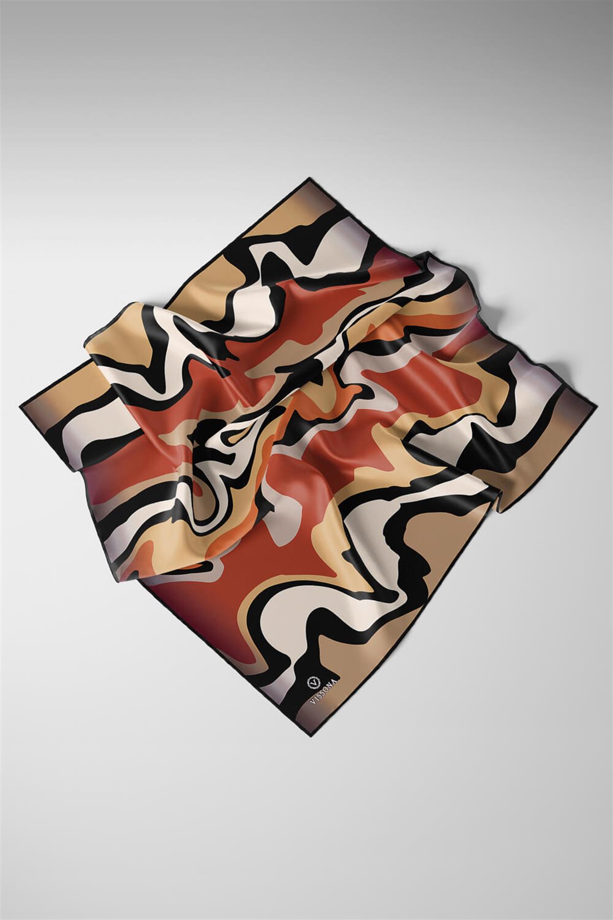 100% Twill İpek Dalga Desenli Hardal - Taba Renkli 90x90 Dikim Şekli : El Dikişi Eşarp