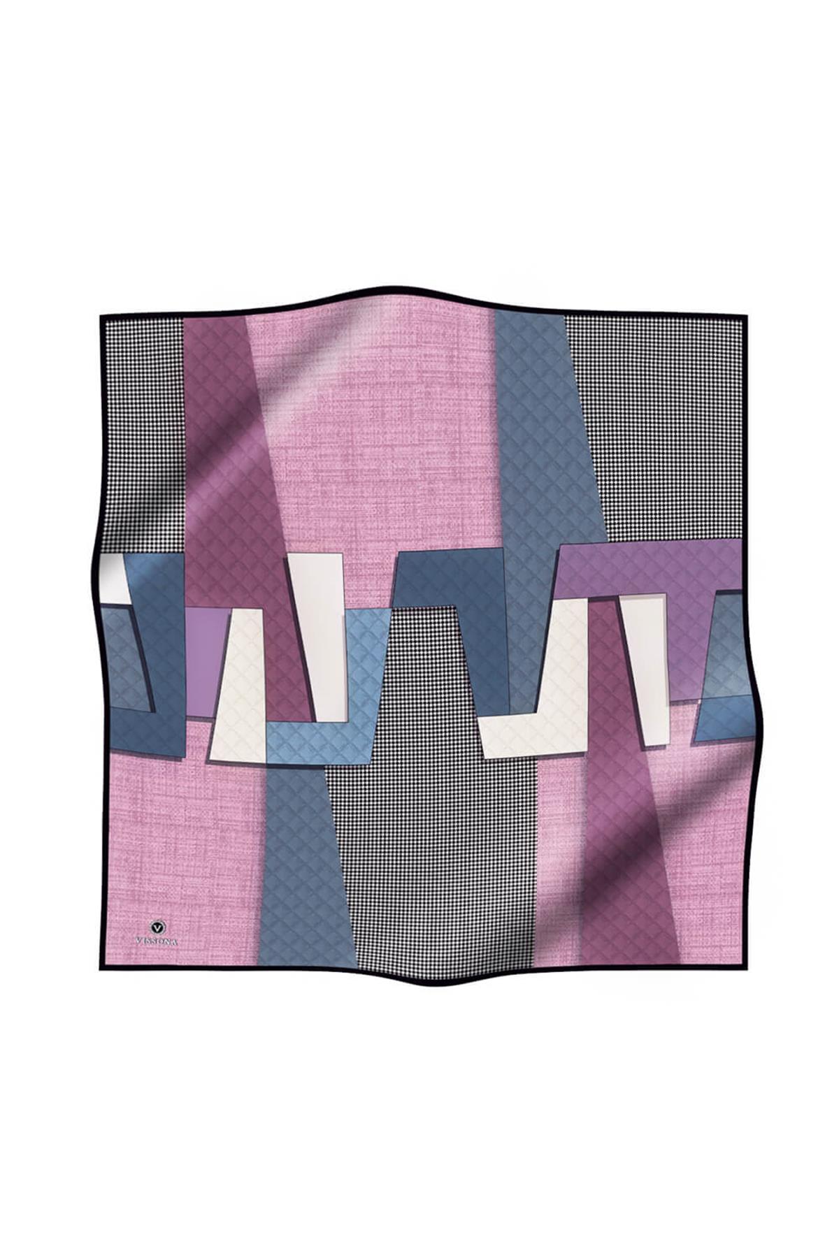 %100 Twill İpek Kazayaklı Ve Geometrik Desenli Pembe - İndigo Renkli 90x90 Eşarp Dikim Şekli : El Dikişi
