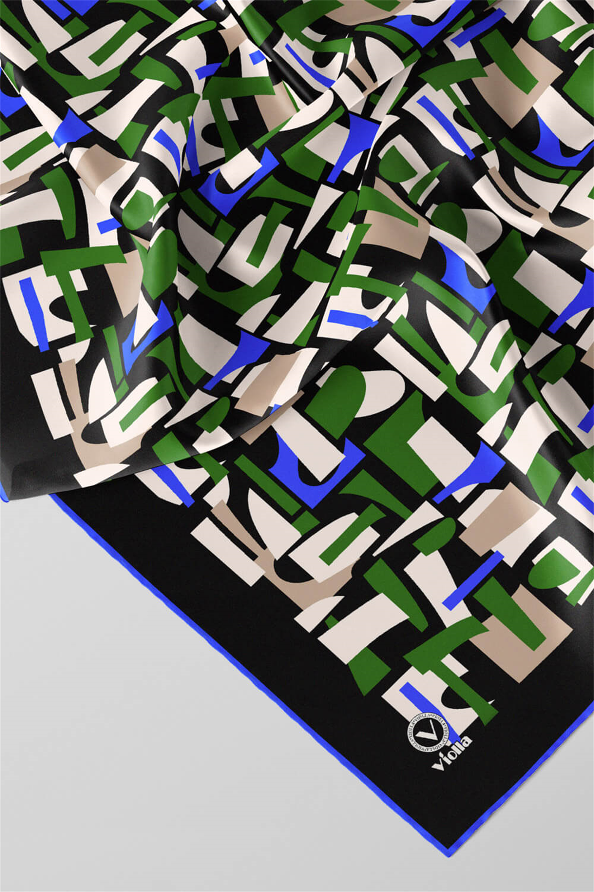 Twill Geometrik Desenli Zümrüt Yeşili - Saks Renkli 90x90 Eşarp (İpek İçermez) Dikim Şekli : El Dikişi