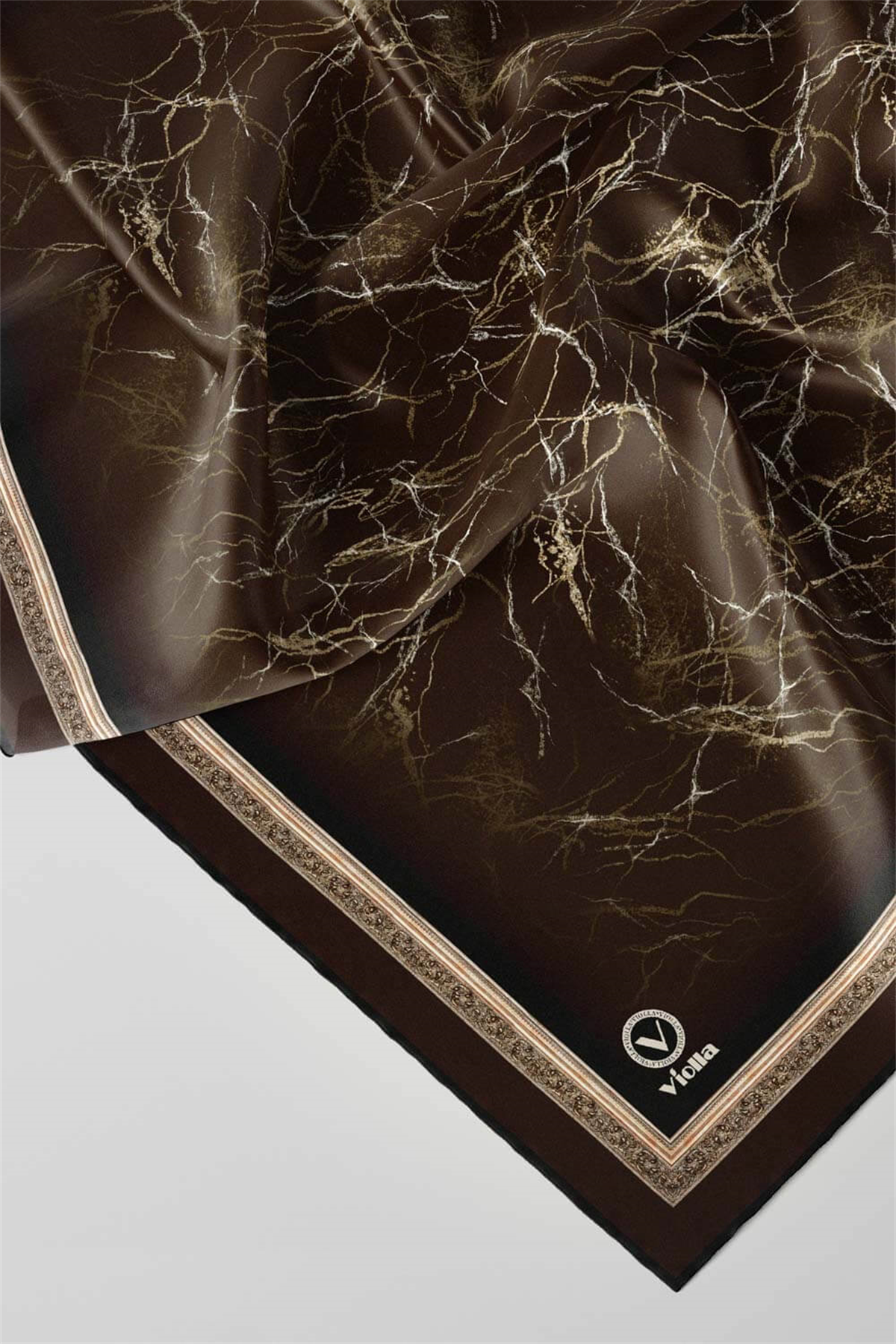 Twill Barok Çerçeveli Mermer Desenli Kahverengi Renkli 90x90 Eşarp (İpek İçermez) Kenar Dikiş Şekli El Dikişli