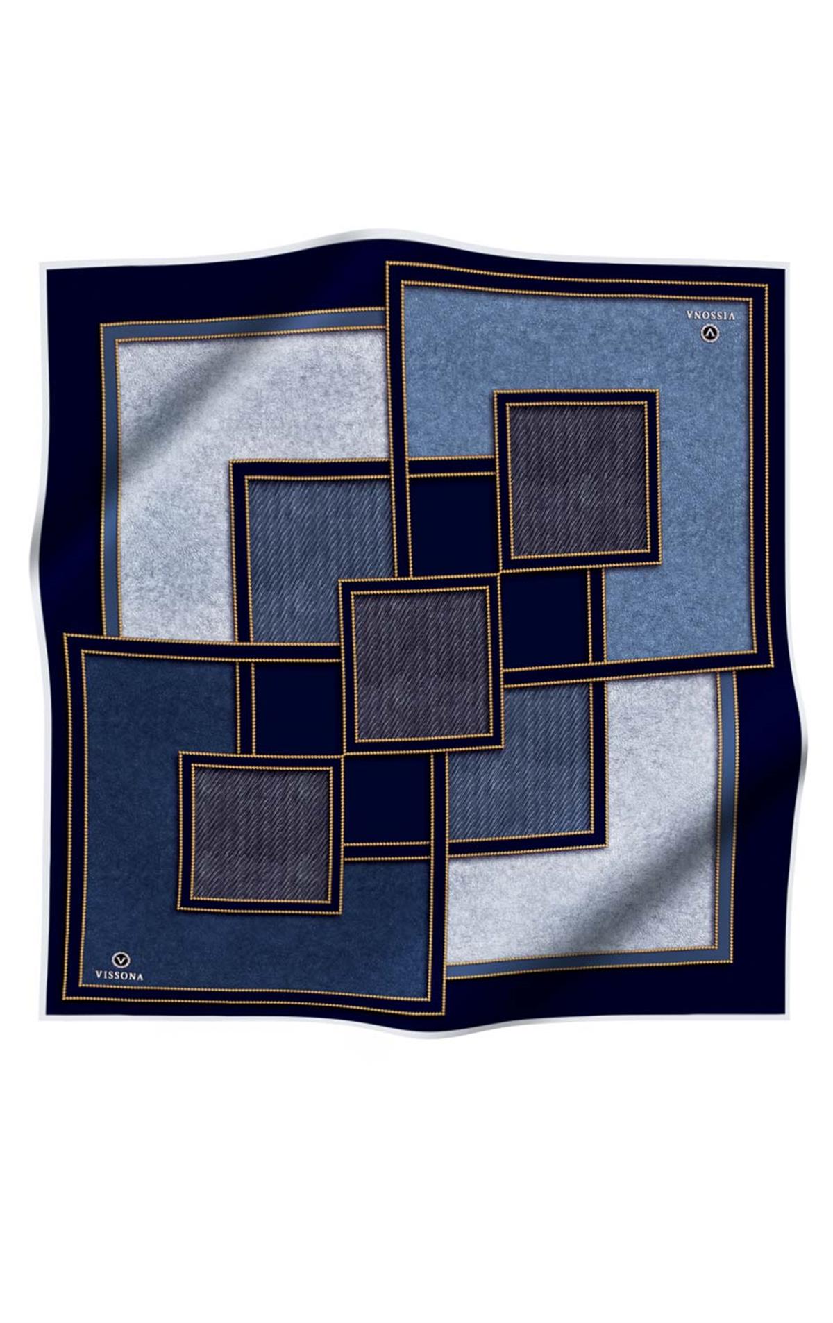 100% Twill İpek Gold Detaylı Kare Desenli Lacivert - İndigo Renkli 90x90 Dikim Şekli : El Dikişi