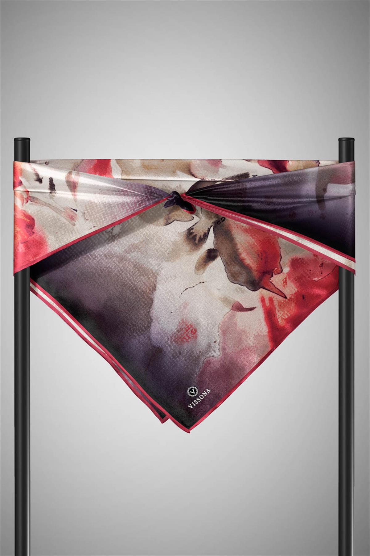 %100 Twill İpek Suluboya Çiçek Desenli Hardal - Bordo Renkli 90x90 Eşarp Dikim Şekli : El Dikişi