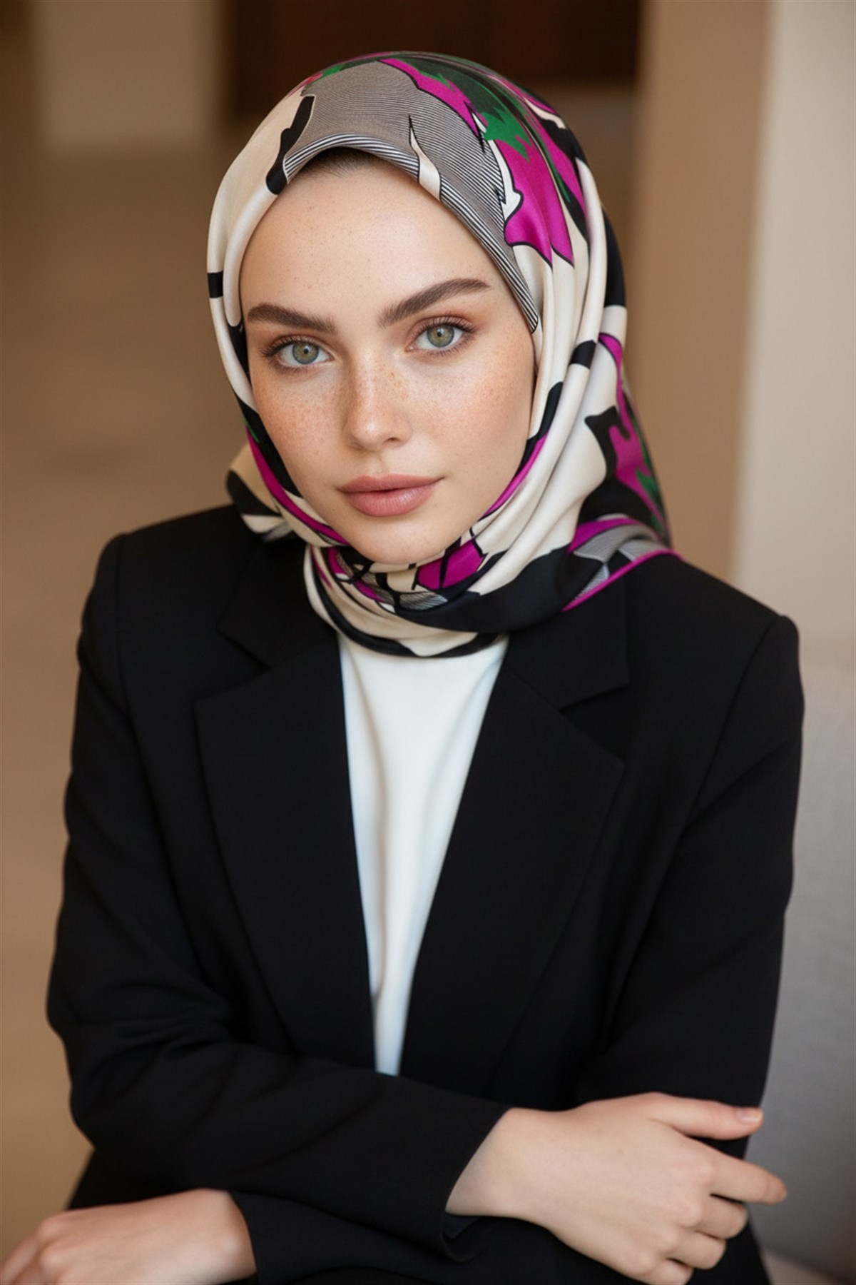 %100 Twill İpek Çiçek Desenli Krem - Fuşya Renkli 90x90 Eşarp Dikim Şekli : El Dikişi