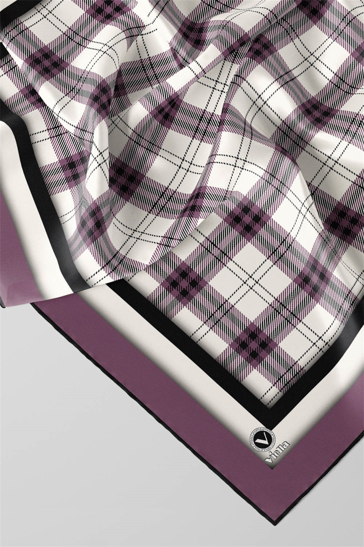 Twill Ekose Desenli Lila Renkli 90x90 Eşarp (İpek İçermez) Kenar Dikiş Şekli El Dikişli