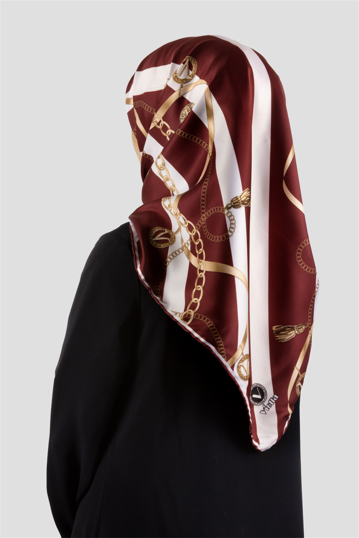 Twill Çizgili Kemer ve Zinci Desenli Bordo Renkli 90x90 Eşarp (İpek İçermez) Kenar Dikiş Şekli El Dikişli