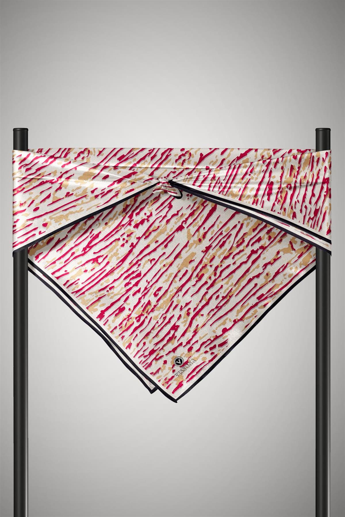 %100 Twill İpek Çizgi Desenli Krem - Bordo Renkli 90x90 Eşarp Dikim Şekli : El Dikişi