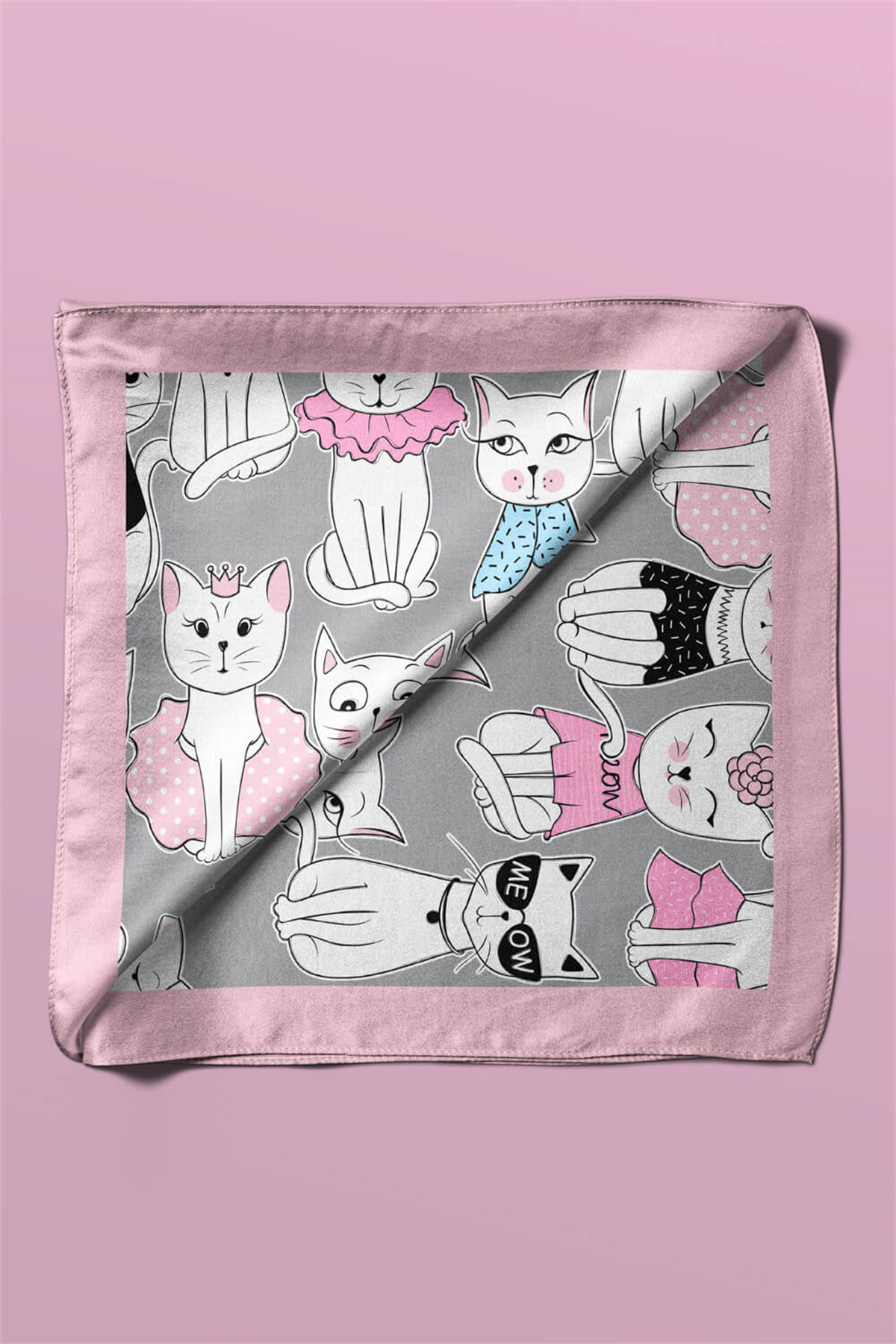 B85 Kadın Kedi Desenli Bandana 50x50 Siyah Beyaz Pembe DG0411-22 Snz