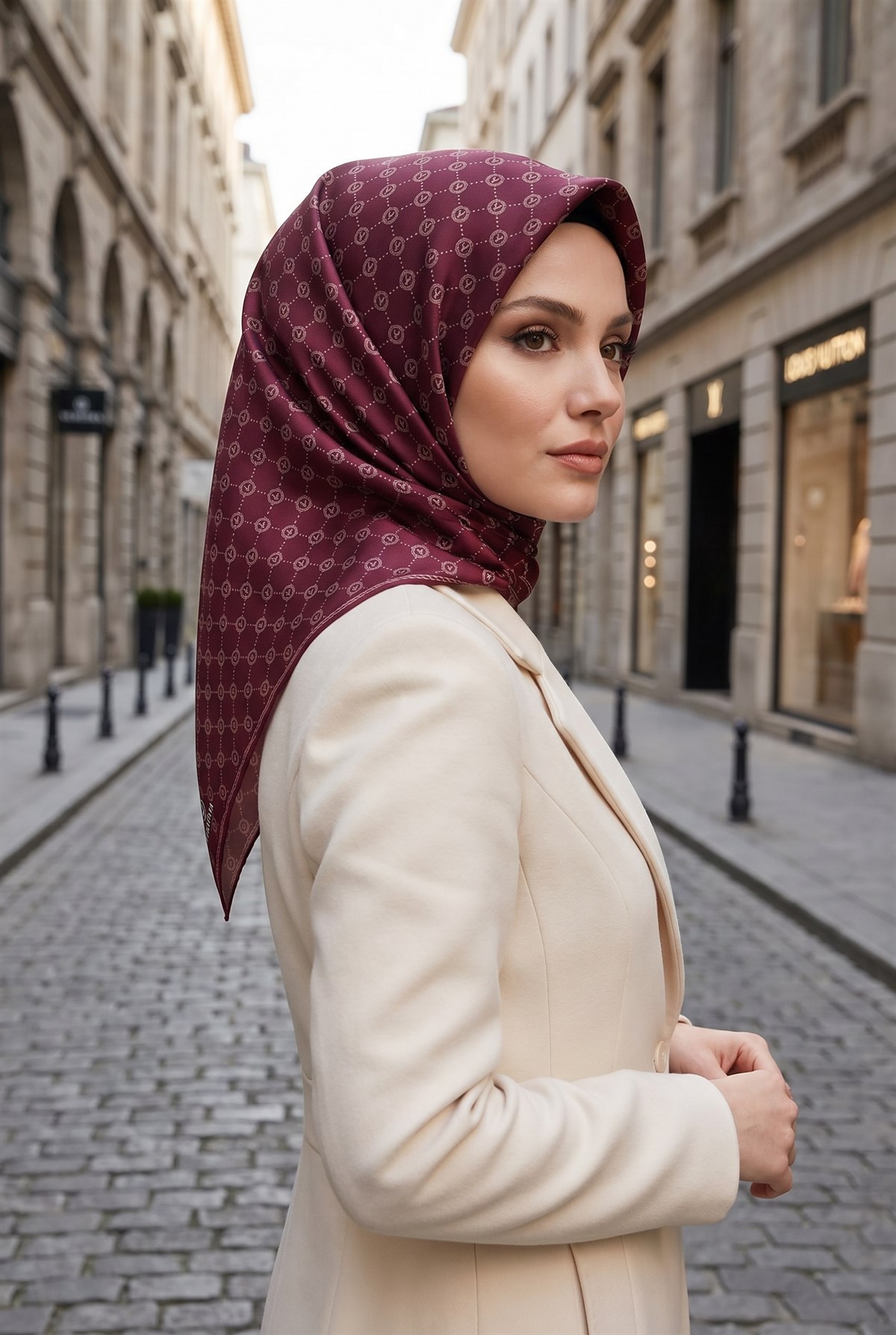 %100 Twill İpek Monogram Desenli Şarabi Renkli 90x90 Eşarp Dikim Şekli : El Dikişi