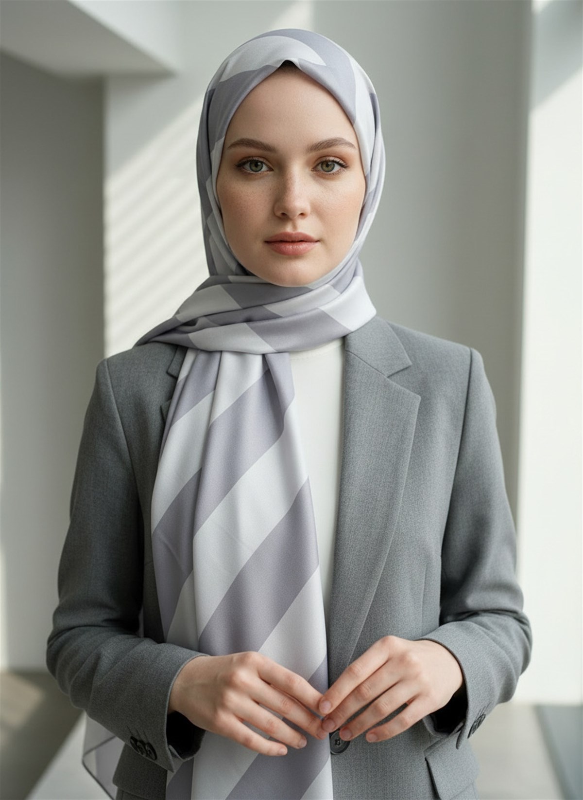 %100 Saf İpek Şal İnce Saten Vual Dokuma Çizgili Desenli Gri - Gümüş Renkli 90x210 Şal