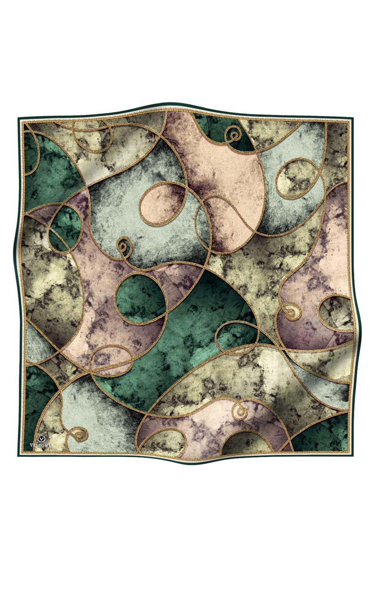 %100 Twill İpek Zincirli Mermer Desenli Zümrüt Yeşili - Haki Renkli 90x90 Eşarp Dikim Şekli : El Dikişi