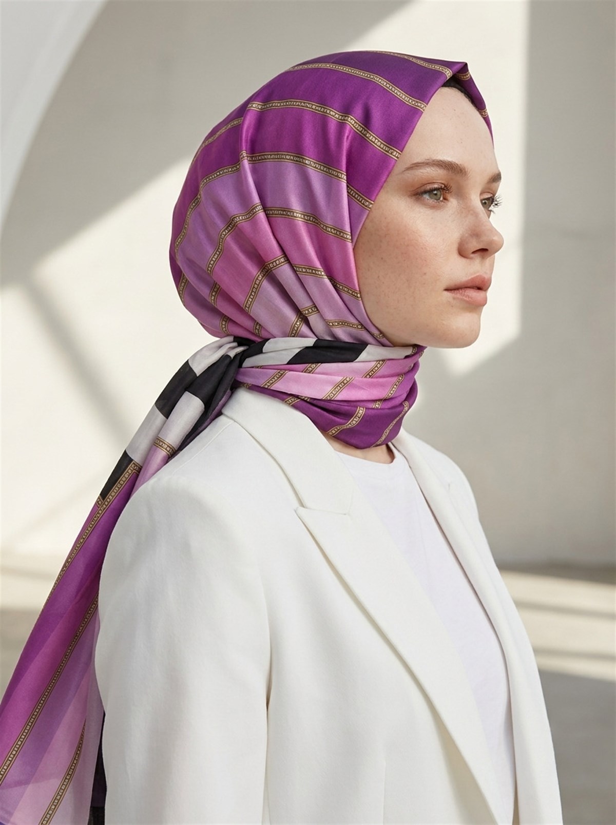 %100 Saf İpek Şal İnce Saten Vual Dokuma Şerit Desenli Mürdüm - Pembe Renkli 90x210 Şal