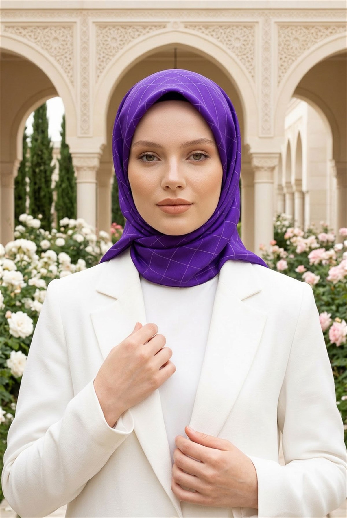 %100 Twill Çizgili Desenli Beyaz - Mor Renkli 90x90 Eşarp Dikim Şekli: El Dikişi