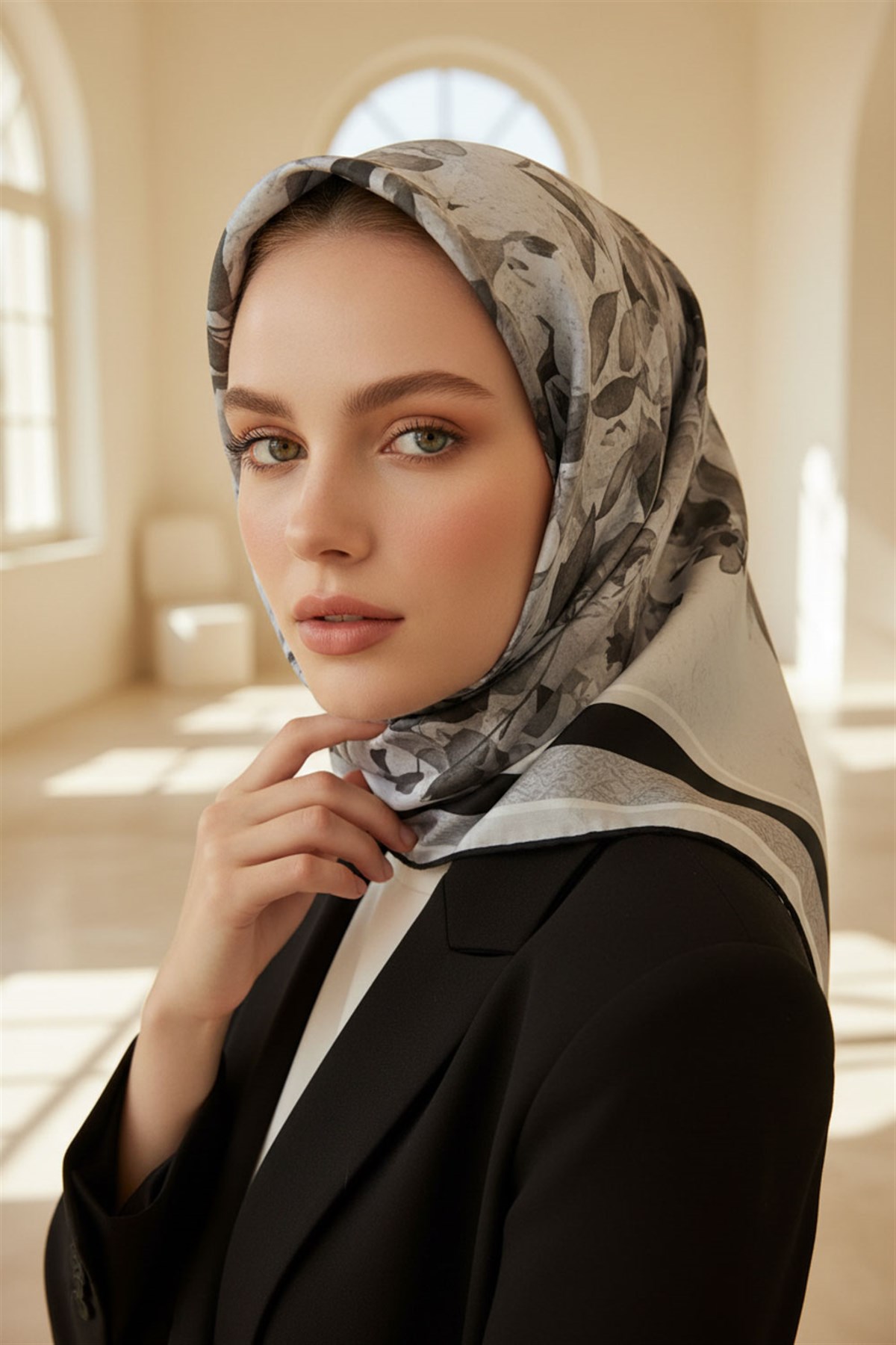 %100 Twill İpek Bahar Çiçekleri Desenli Siyah - Beyaz Renkli 90x90 Eşarp Dikim Şekli : El Dikişi
