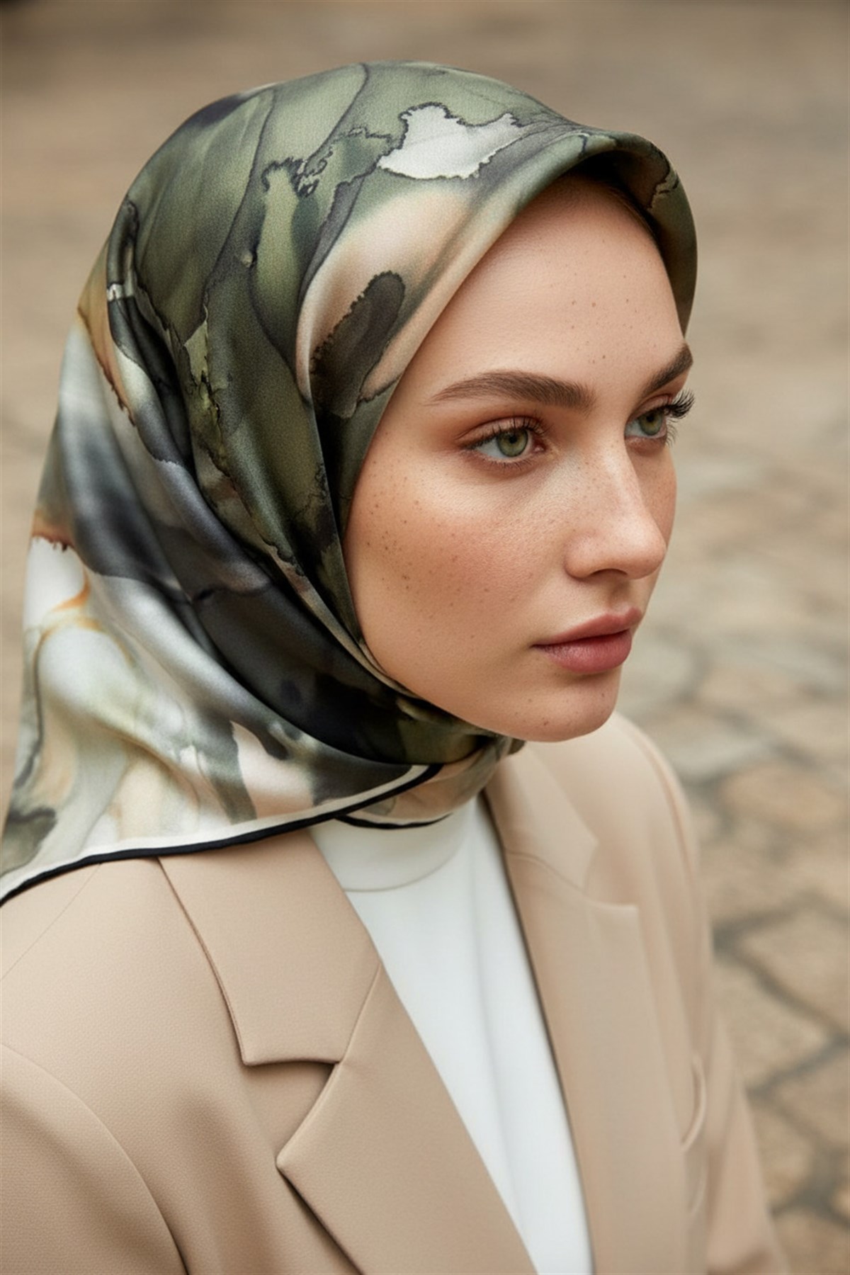 %100 Twill İpek Batik Çiçek Desenli Haki Yeşili - Vizon Renkli 90x90 Eşarp Kenar Dikiş Şekli El Dikişli