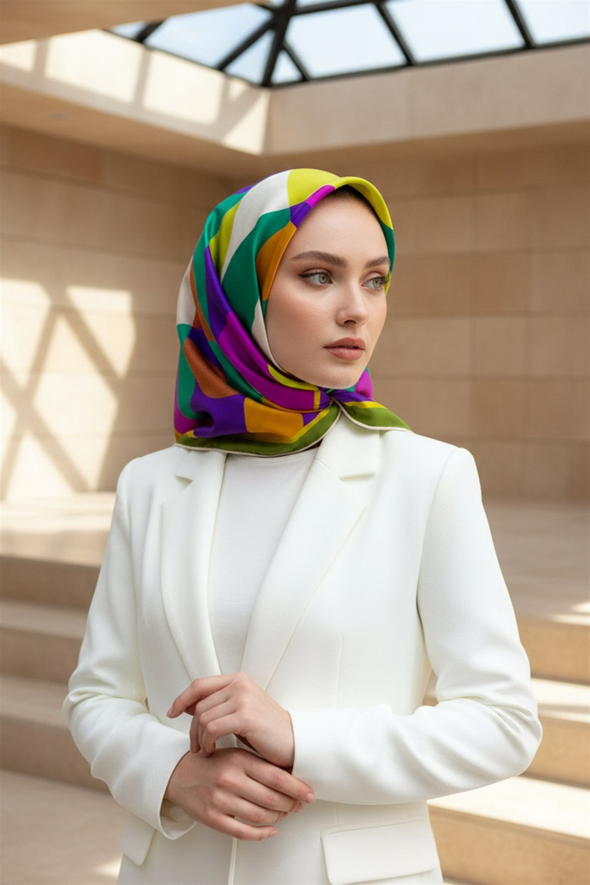 %100 Twill Renk Bloklu Çizgili Desenli Haki - Mor Renkli 90x90 Eşarp Dikim Şekli: El Dikişii