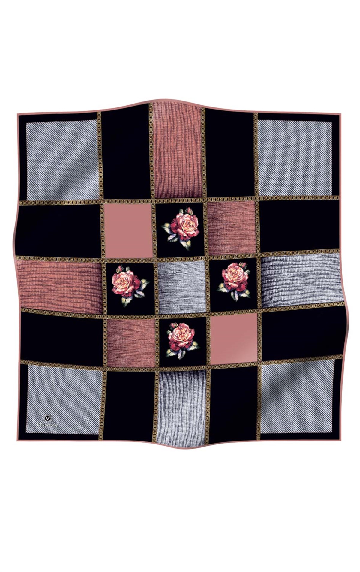 %100 Twill İpek Dokulu Çiçekli Ve Geometrik Desenli Pudra - Siyah Renkli 90x90 Eşarp Dikim Şekli : El Dikişi