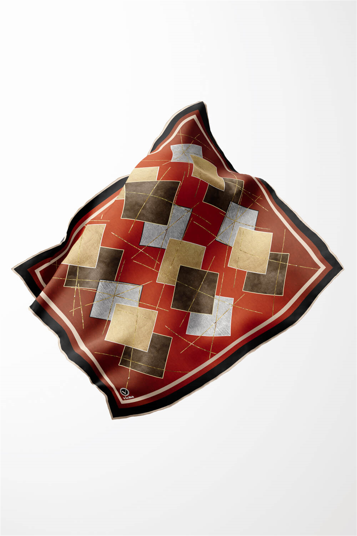 Twill Geometrik Desenli Taba Renkli 90x90 Eşarp (İpek İçermez) Kenar Dikiş Şekli El Dikişli