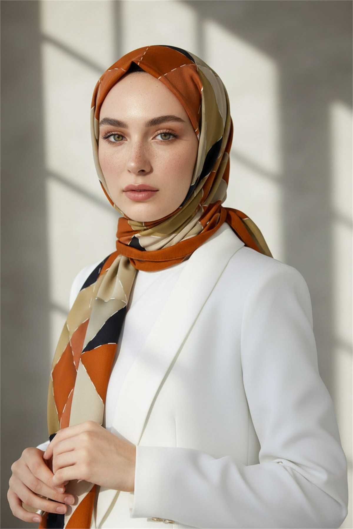 KREP ÜÇGEN YAMA DESENLİ TABA RENKLİ 75X195 KIRIŞMAZ ŞAL