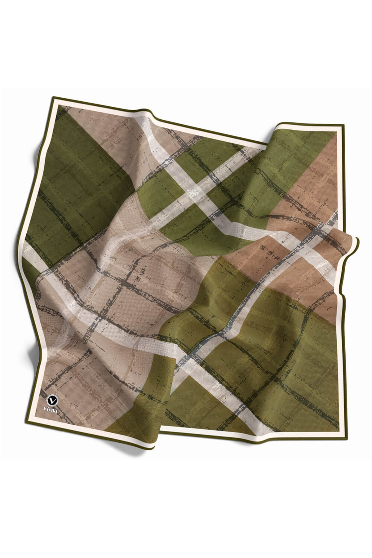 Twill Eskitme Desenli Haki Renkli 90x90 Eşarp (İpek İçermez) Kenar Dikiş Şekli El Dikişli
