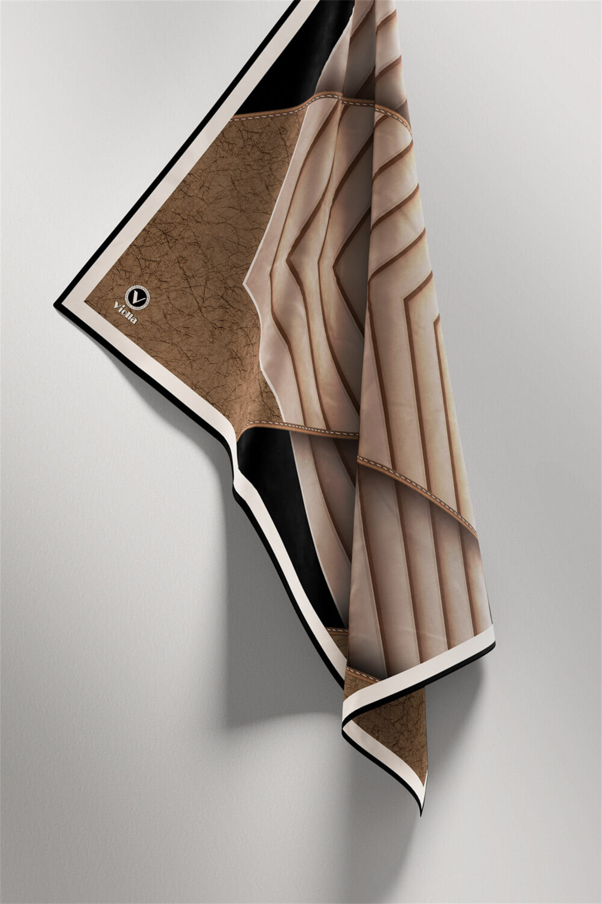 Twill Zigzag Desenli Bej Renkli 90x90 Eşarp (İpek İçermez) Kenar Dikiş Şekli El Dikişli