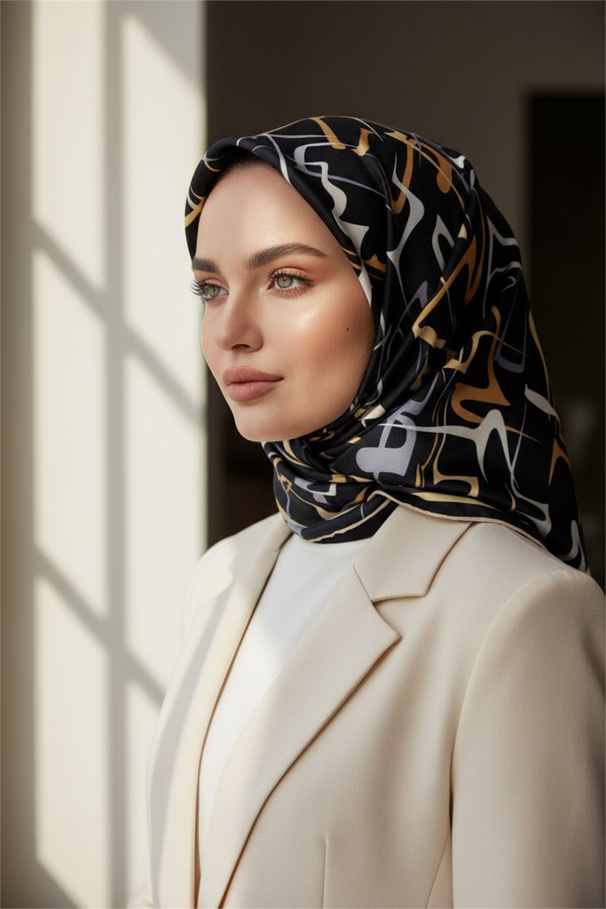 %100 Twill İpek Soyut Geometrik Desenli Gold - Gri Renkli 90x90 Eşarp Dikim Şekli : El Dikişi