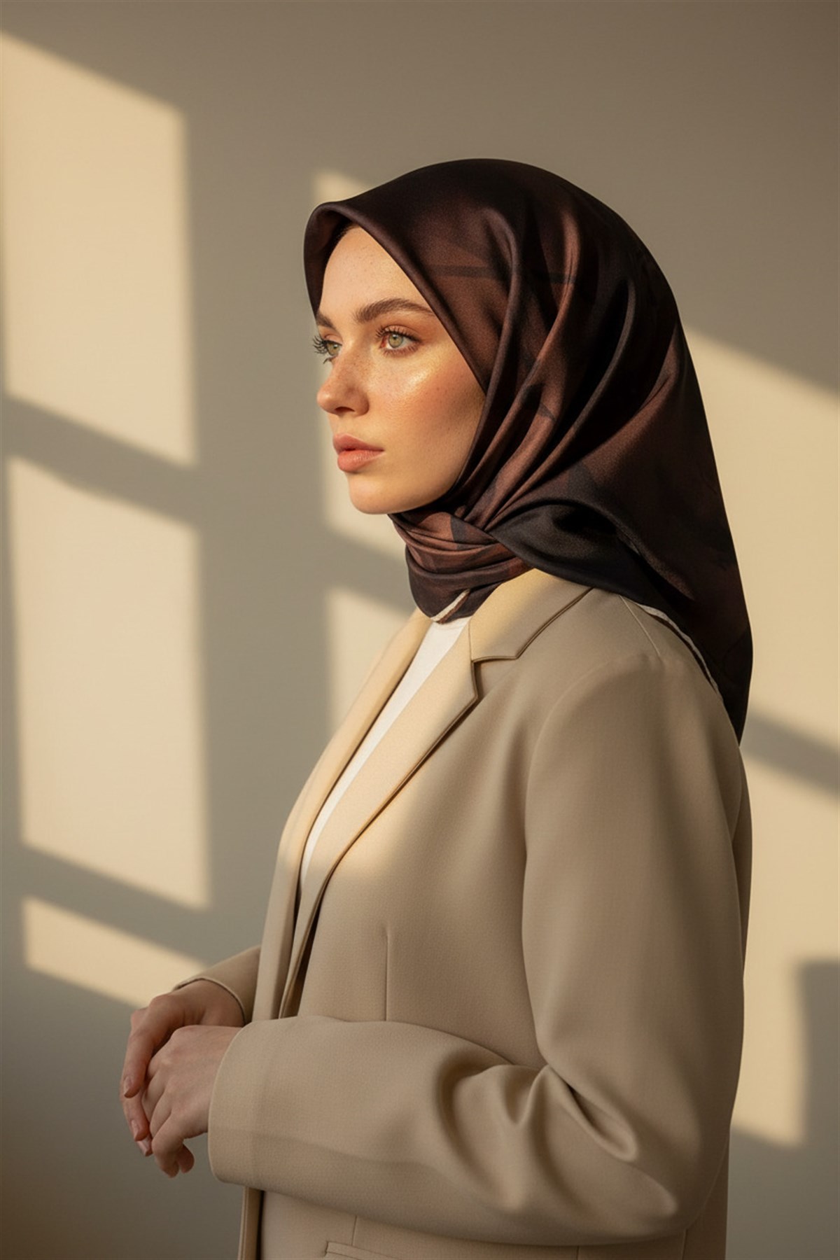 100% Twill İpek Çiçek Desenli Kahverengi Renkli 90x90 Dikim Şekli : El Dikişi Eşarp
