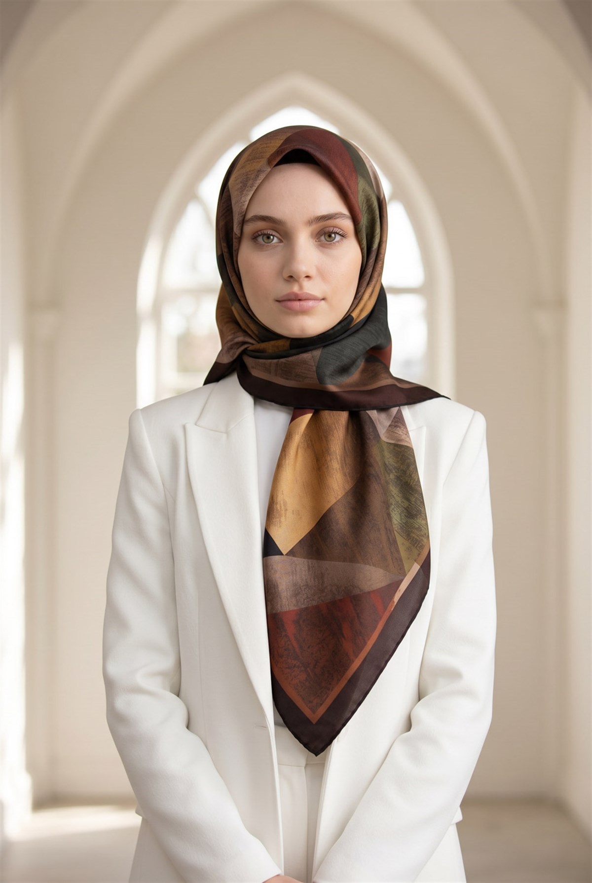 %100 Twill İpek Geometrik Desenli Bordo - Zümrüt Yeşili Renkli 90x90 Eşarp Dikim Şekli : El Dikişi